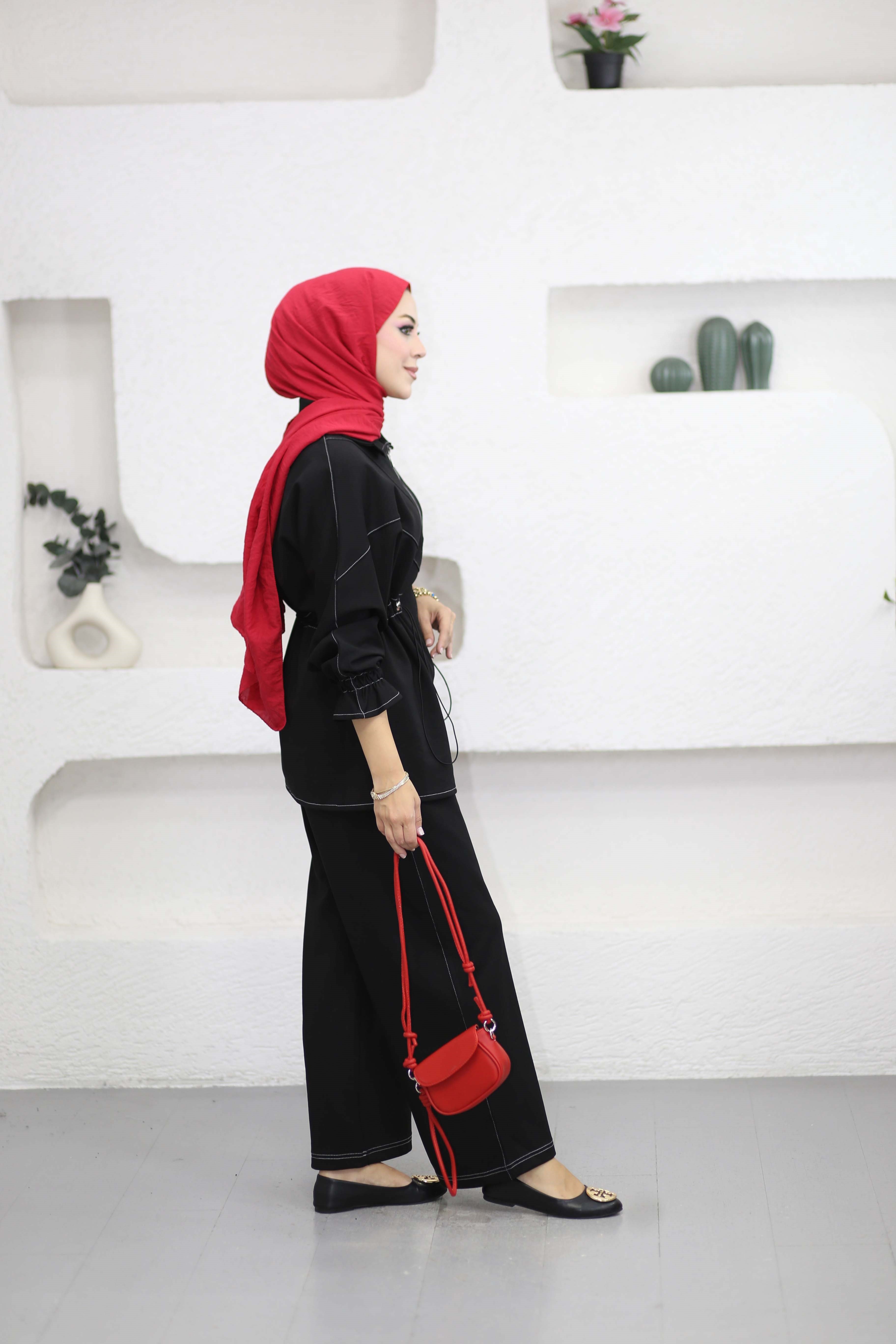 Dikiş Detaylı Denim Takım Siyah 6723