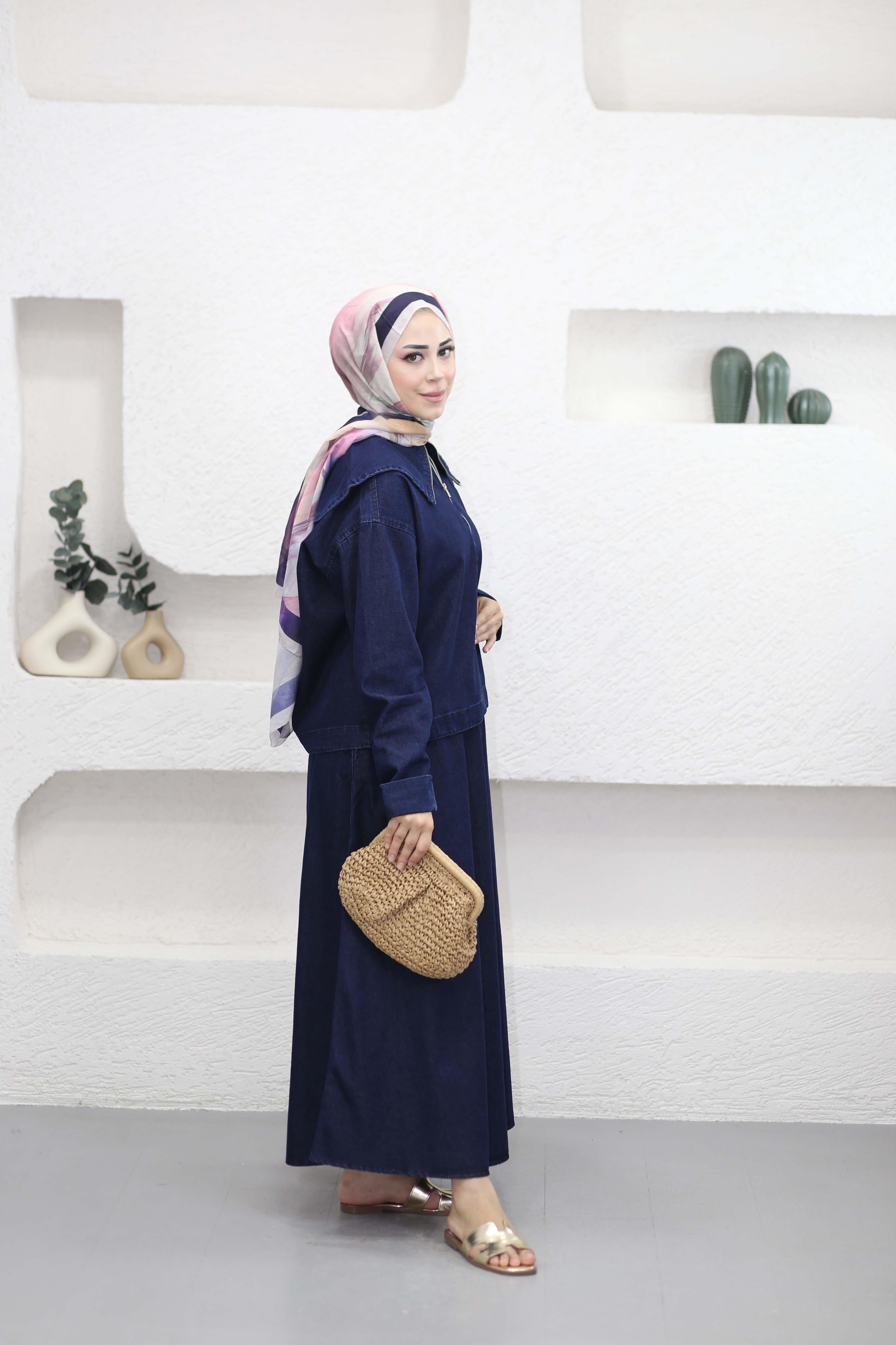 Bebe Yaka Denim Etek Takım Koyu Mavi 5852