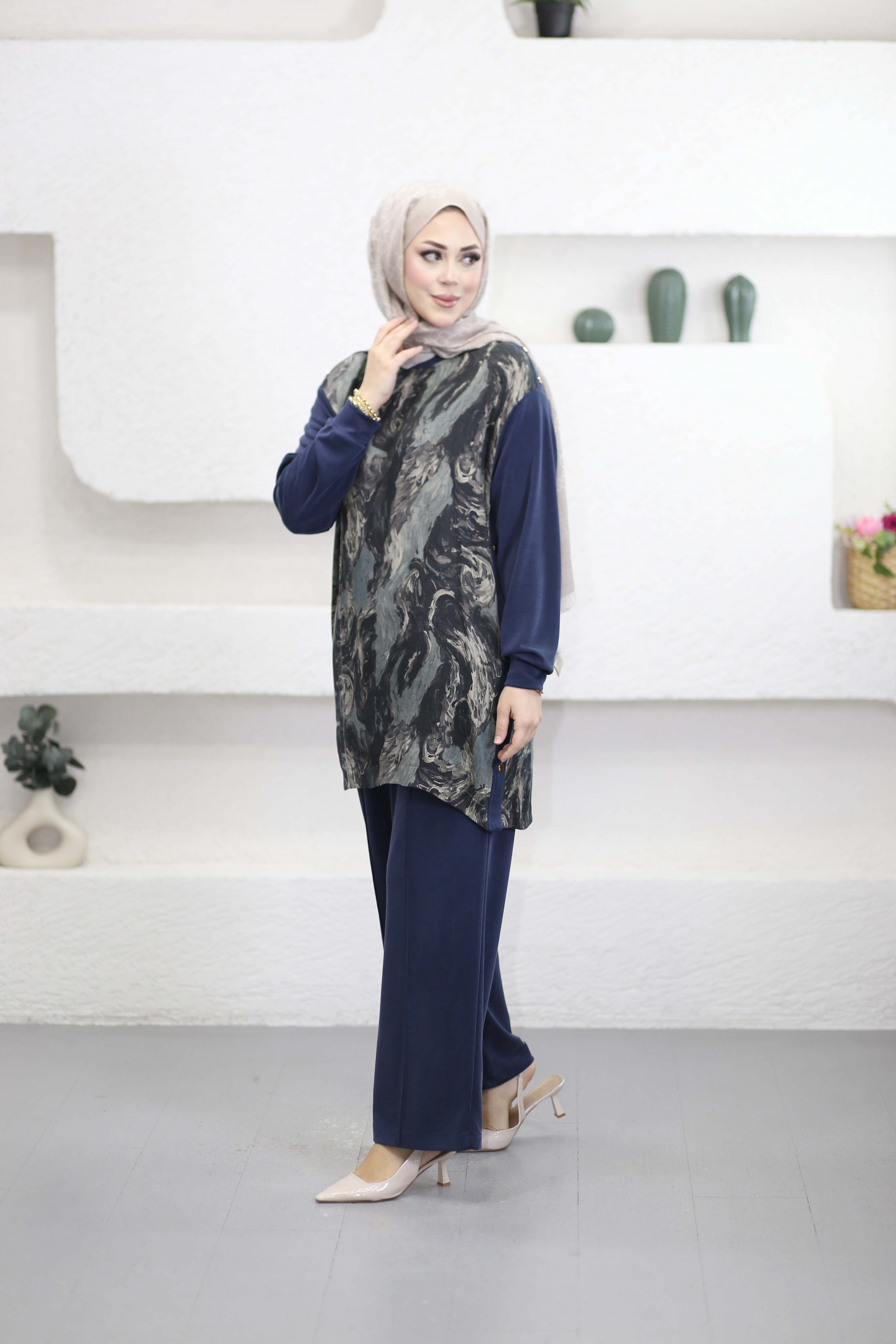 Ebru Desenli Basıc Takım Lacivert 1488