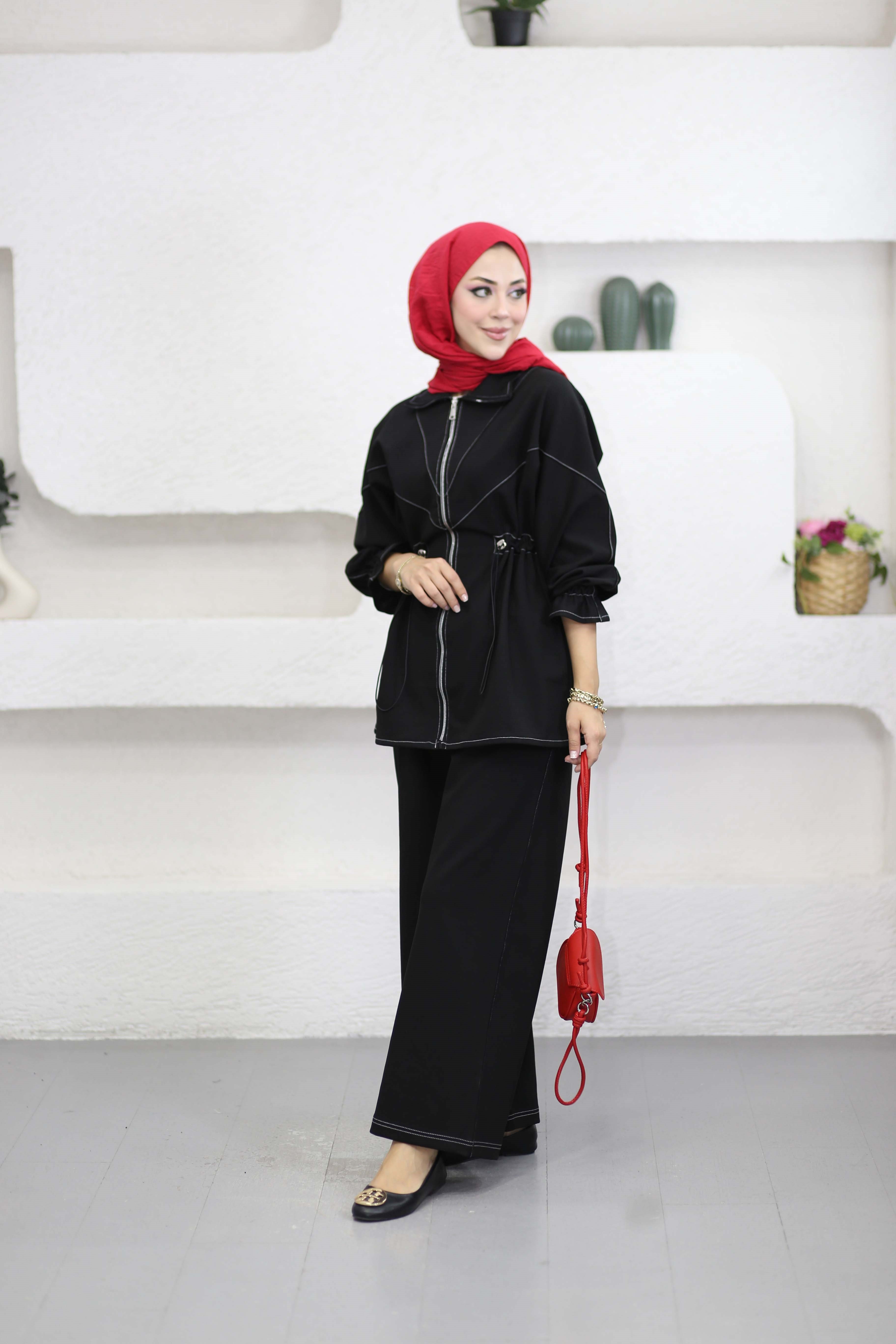 Dikiş Detaylı Denim Takım Siyah 6723