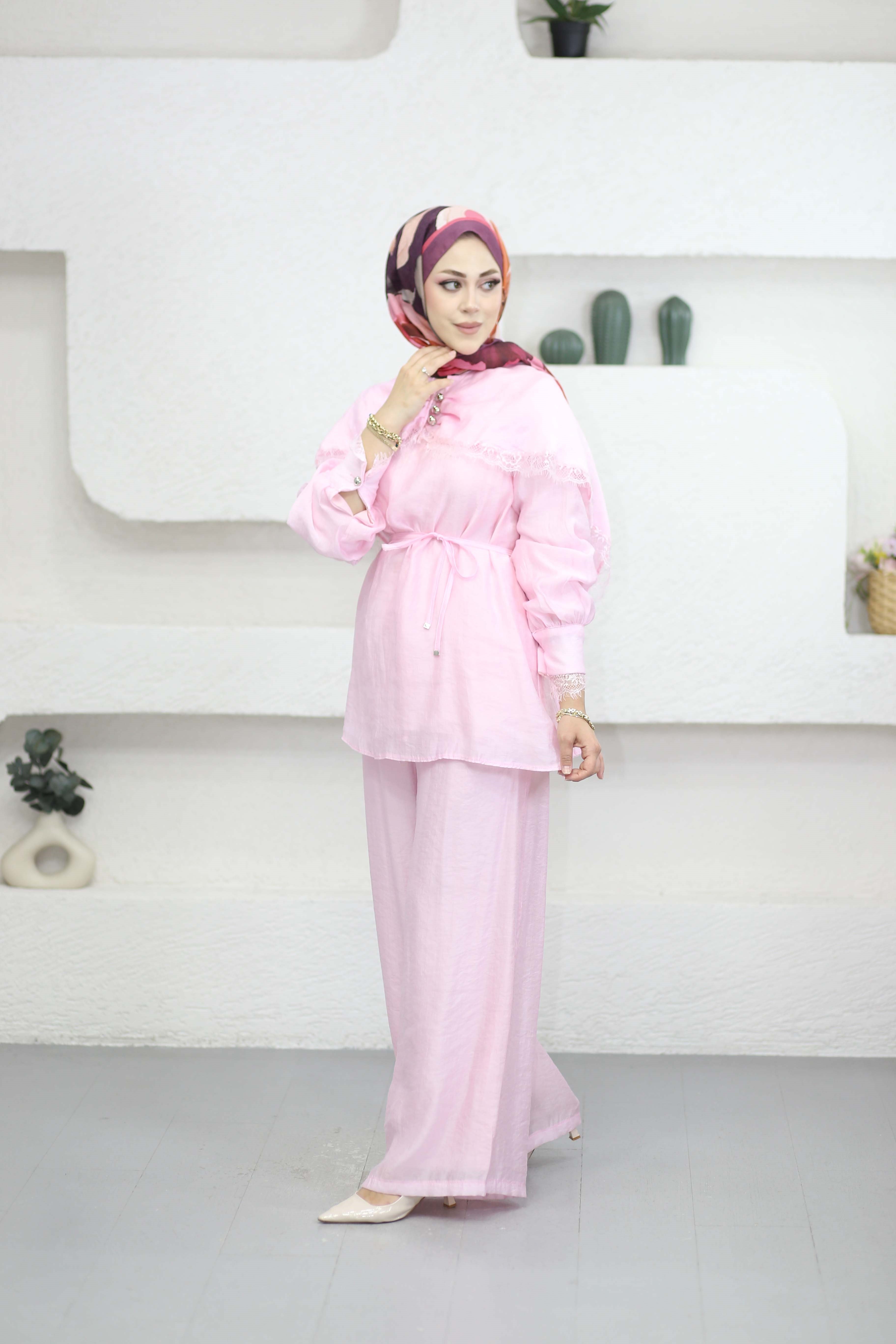 Allerli Dantel Detaylı Takım Pembe 8641