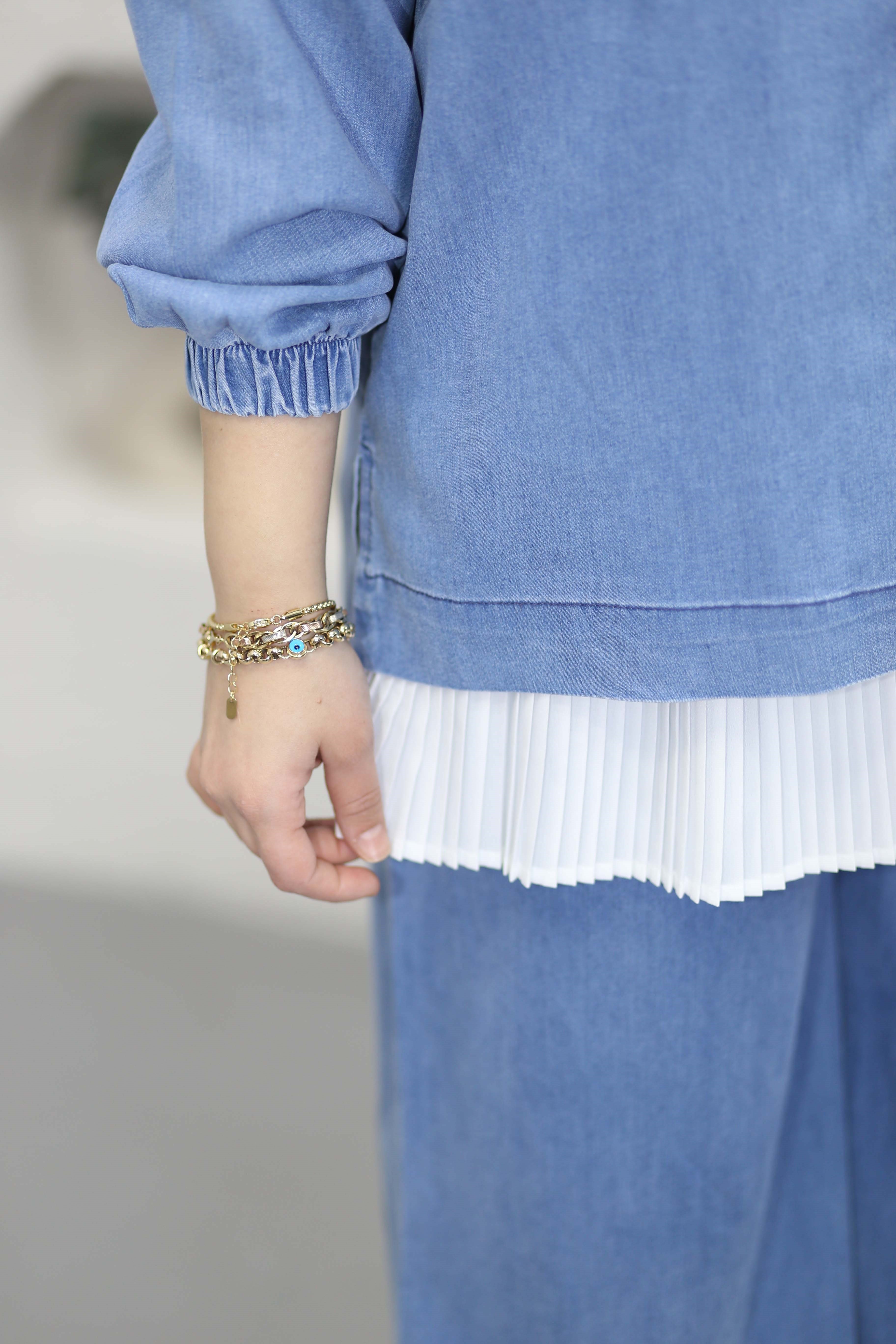Fermuar Yaka Denim Takım Açık Mavi 5869