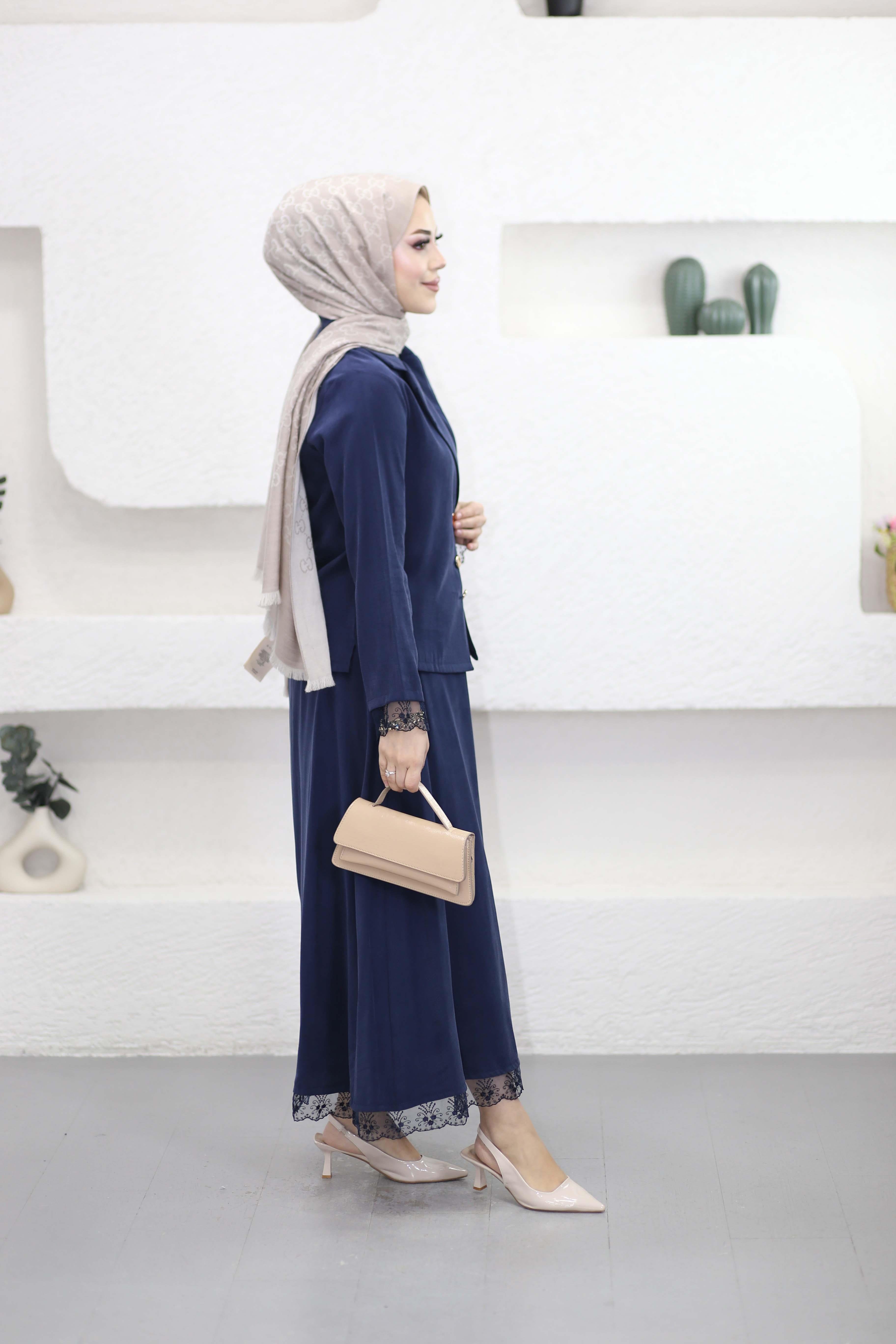 Dantel İşlemeli Modern Takım Lacivert 250359