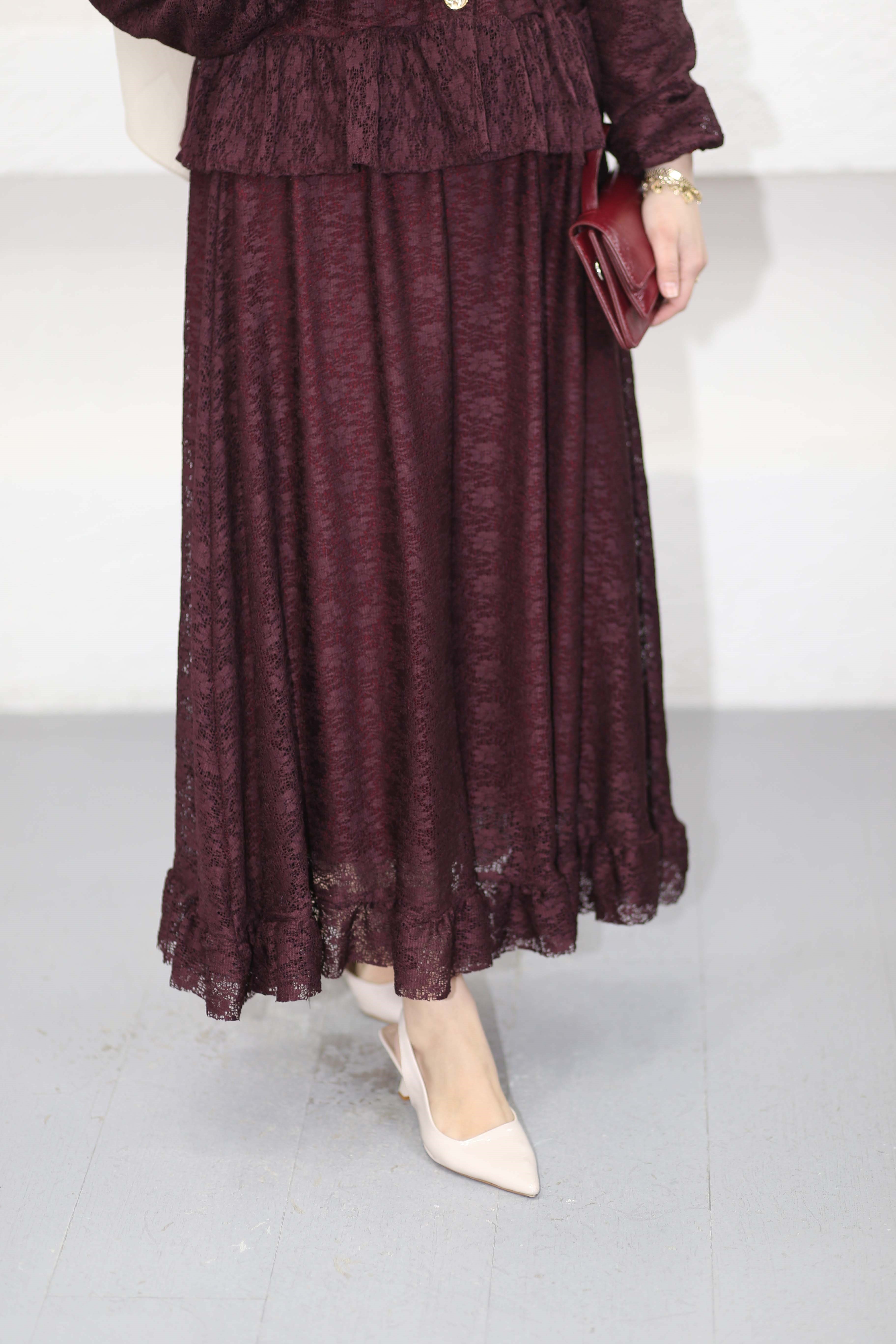 Dantel Etekli Takım Bordo 3141