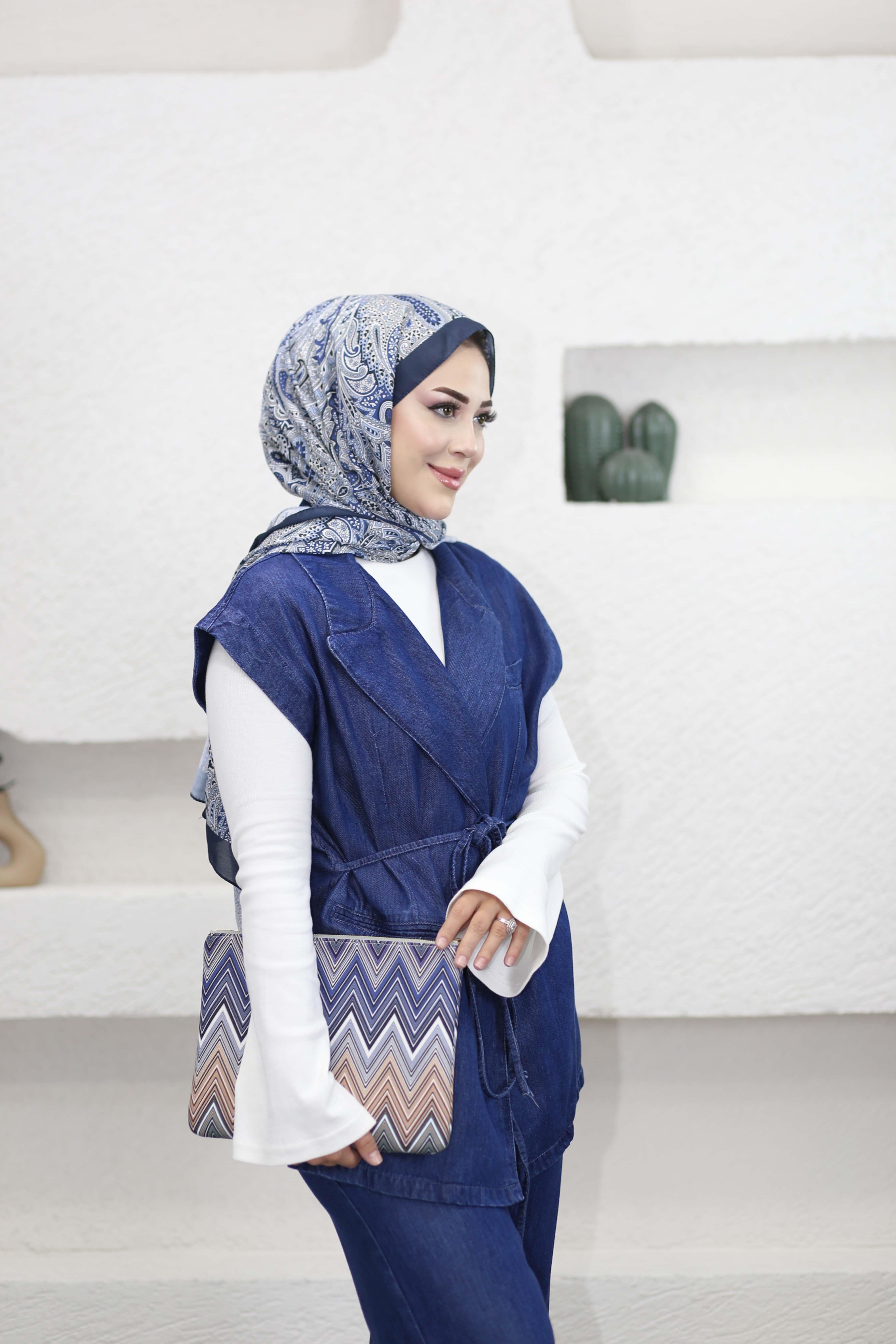 Bağlamalı Denim Yelek Takım Koyu Mavi 7422