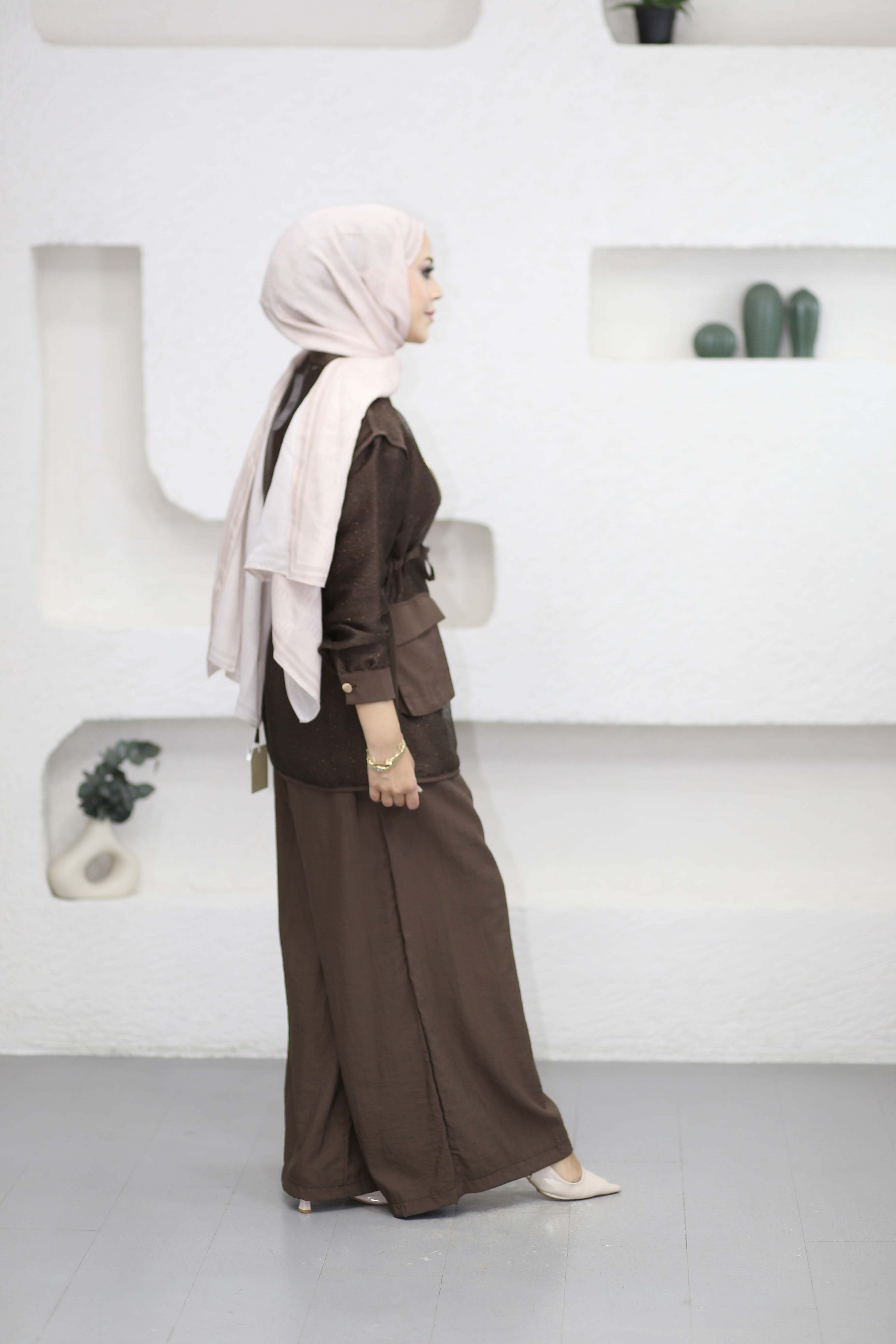 Simli Pantolon Takım Kahverengi 1098