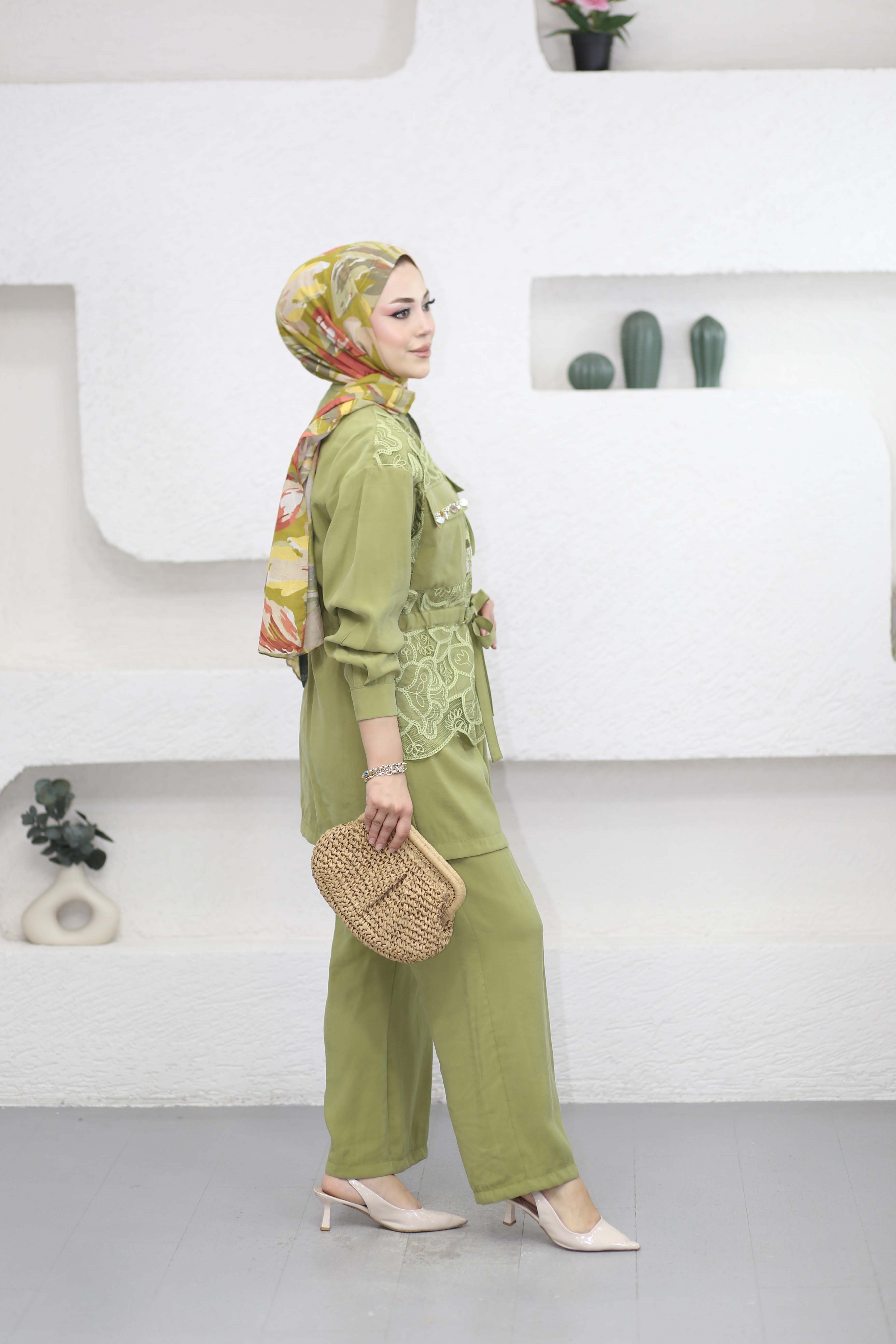 Güpür Detaylı Tencel Takım Yeşil 1569
