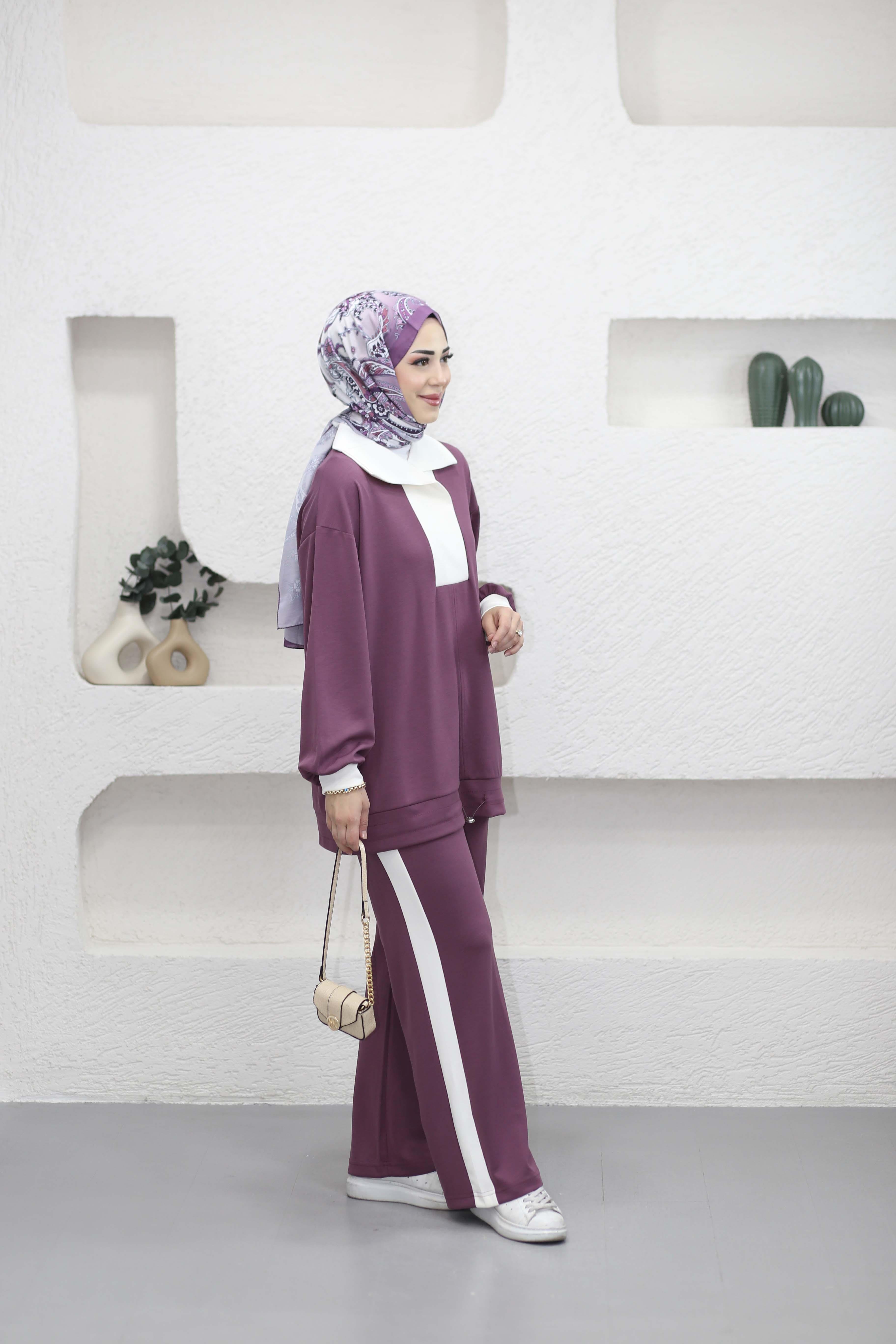 Yakalı Şeritli Takım Mürdüm 5596