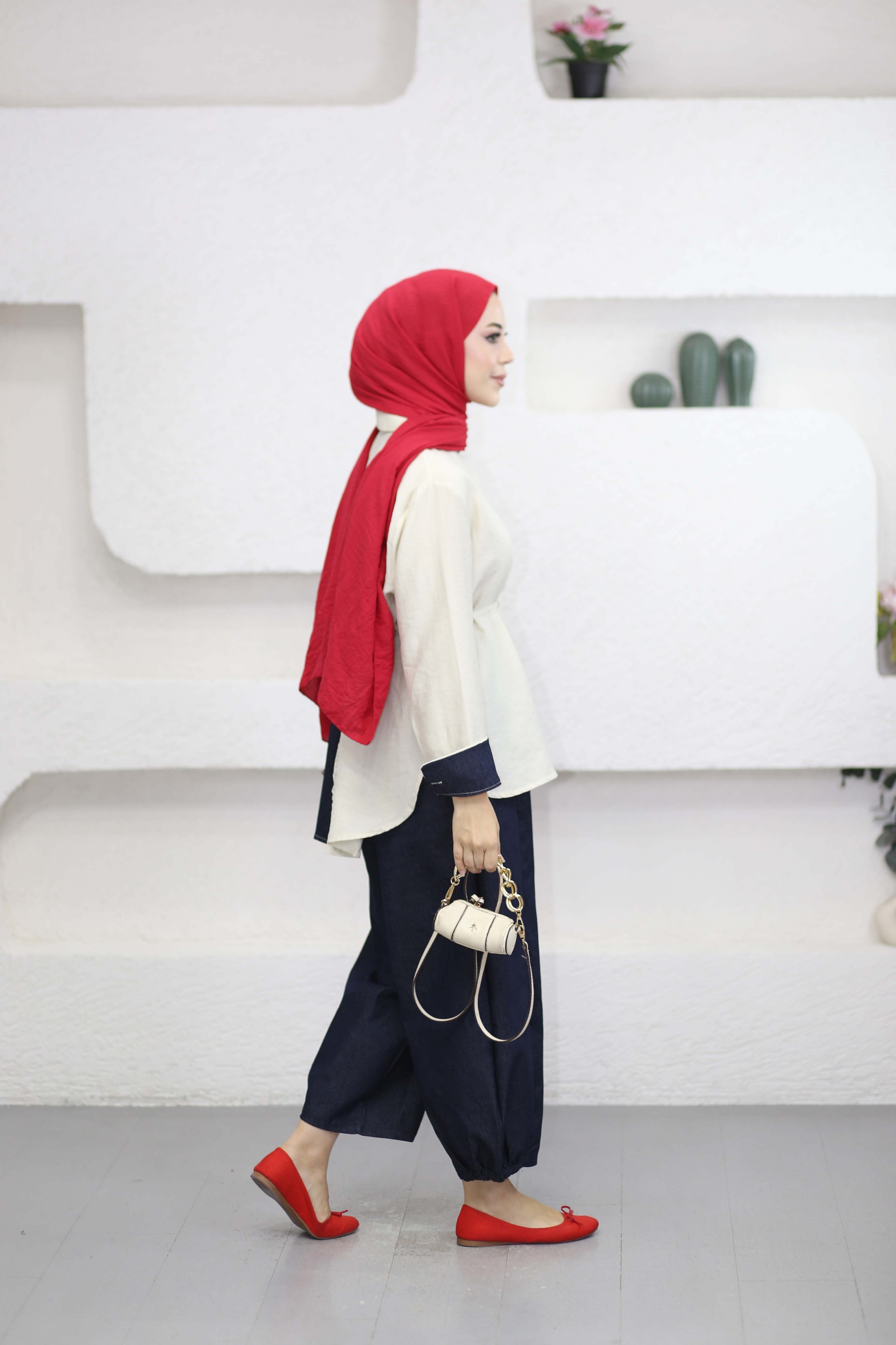 V Denim Detaylı Takım Bej 3213
