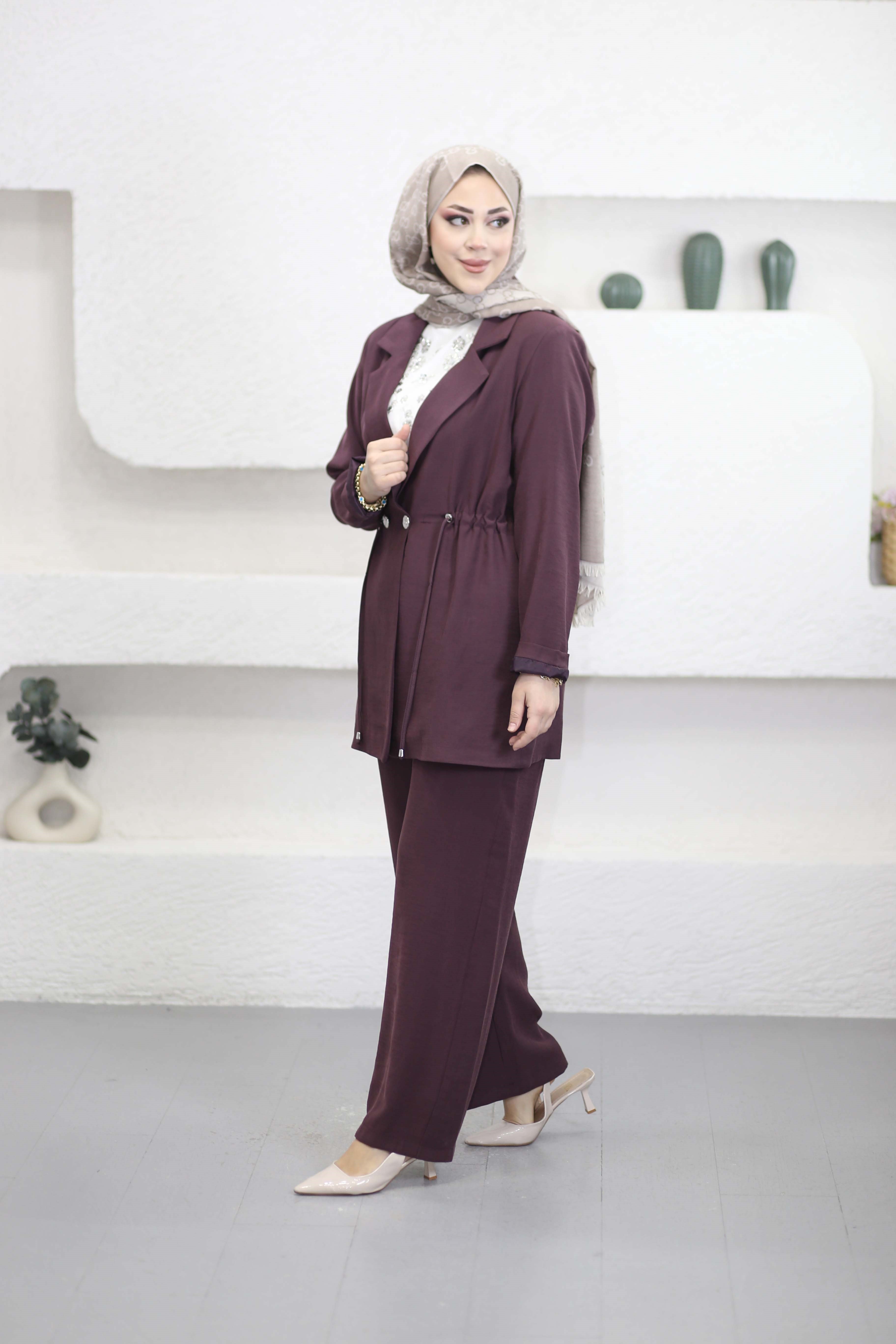 Beli Bağlamalı Ceket Takım Bordo 1474
