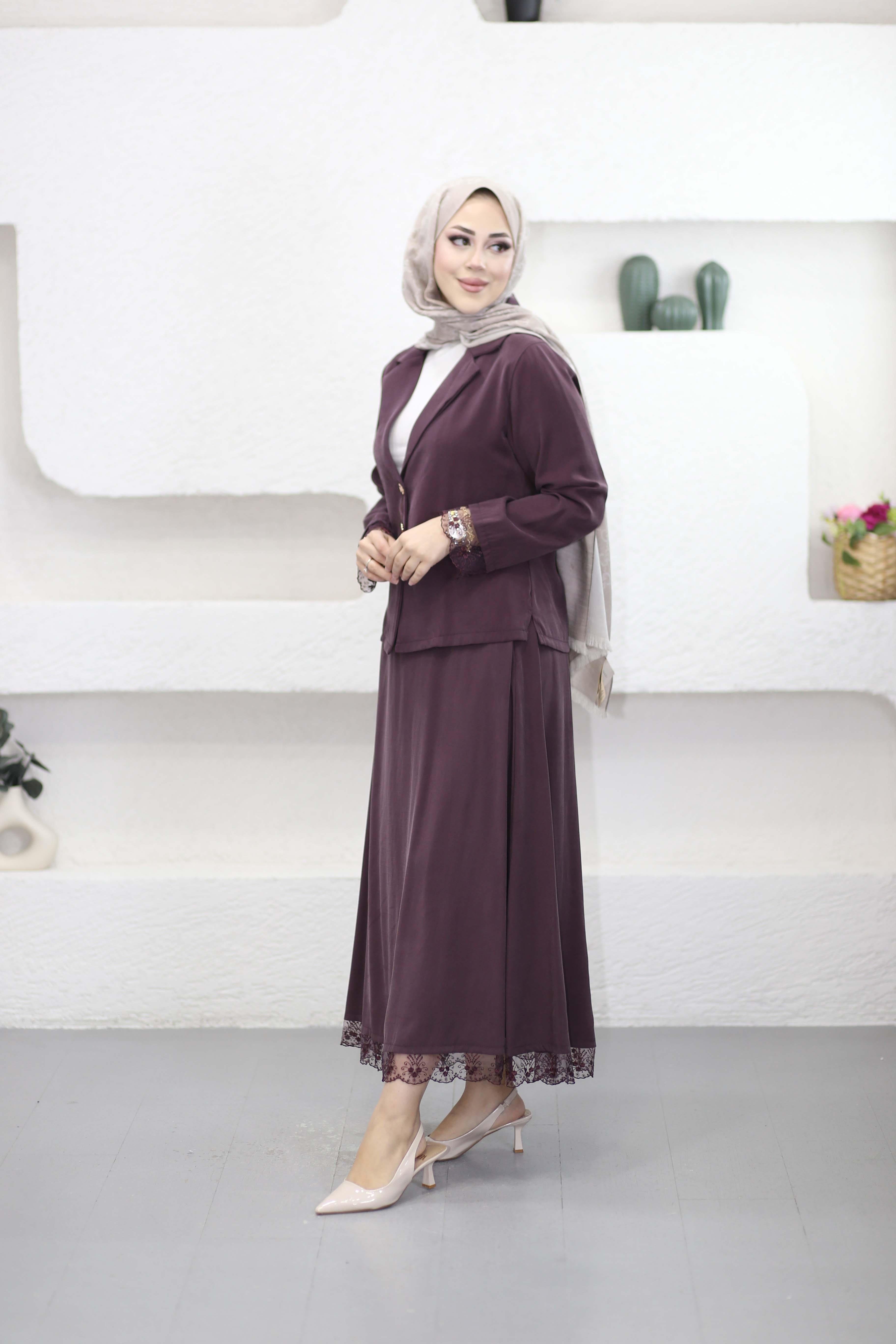 Dantel İşlemeli Modern Takım Bordo 250359