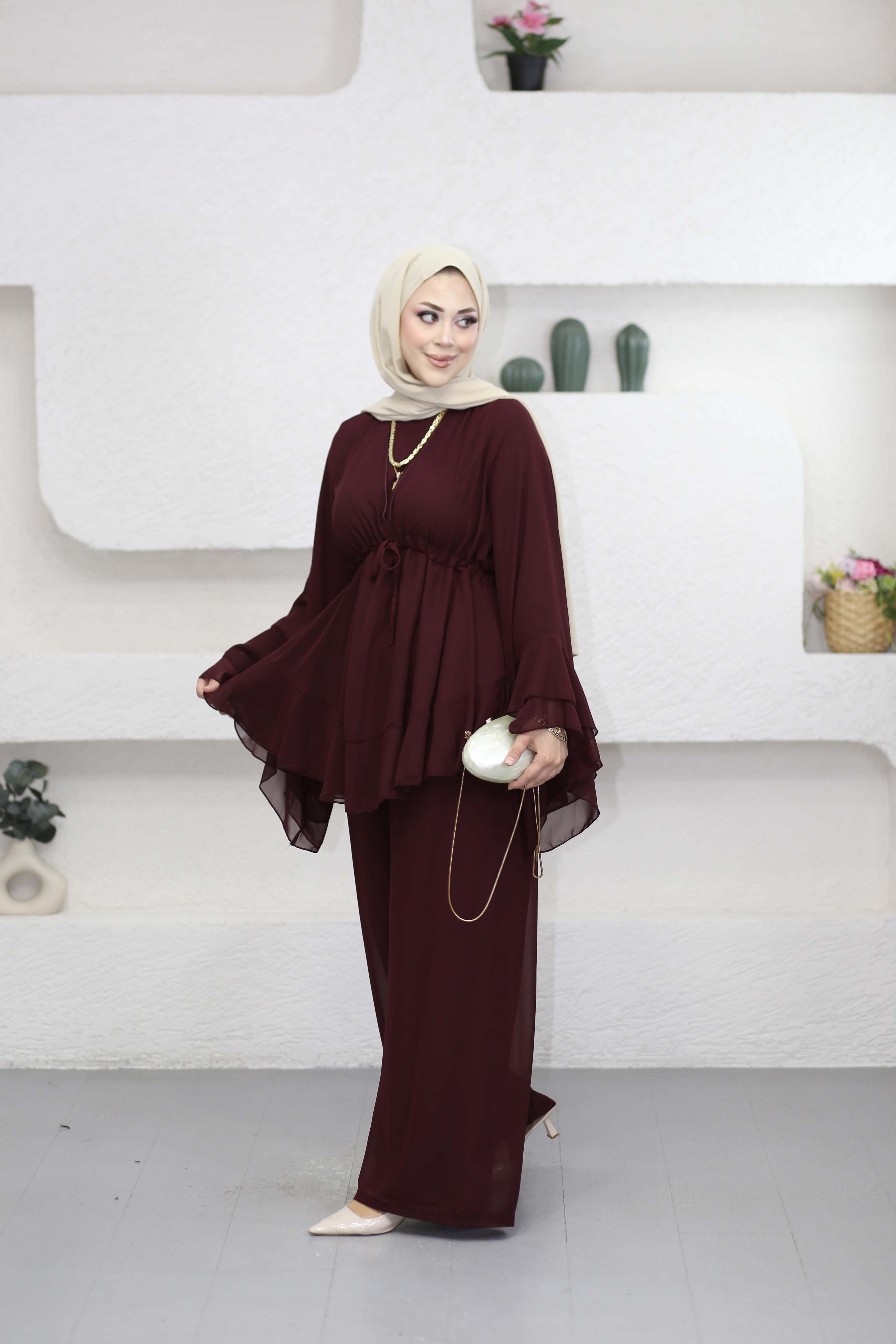 Bel Tünelli Şifon Takım Bordo 8418