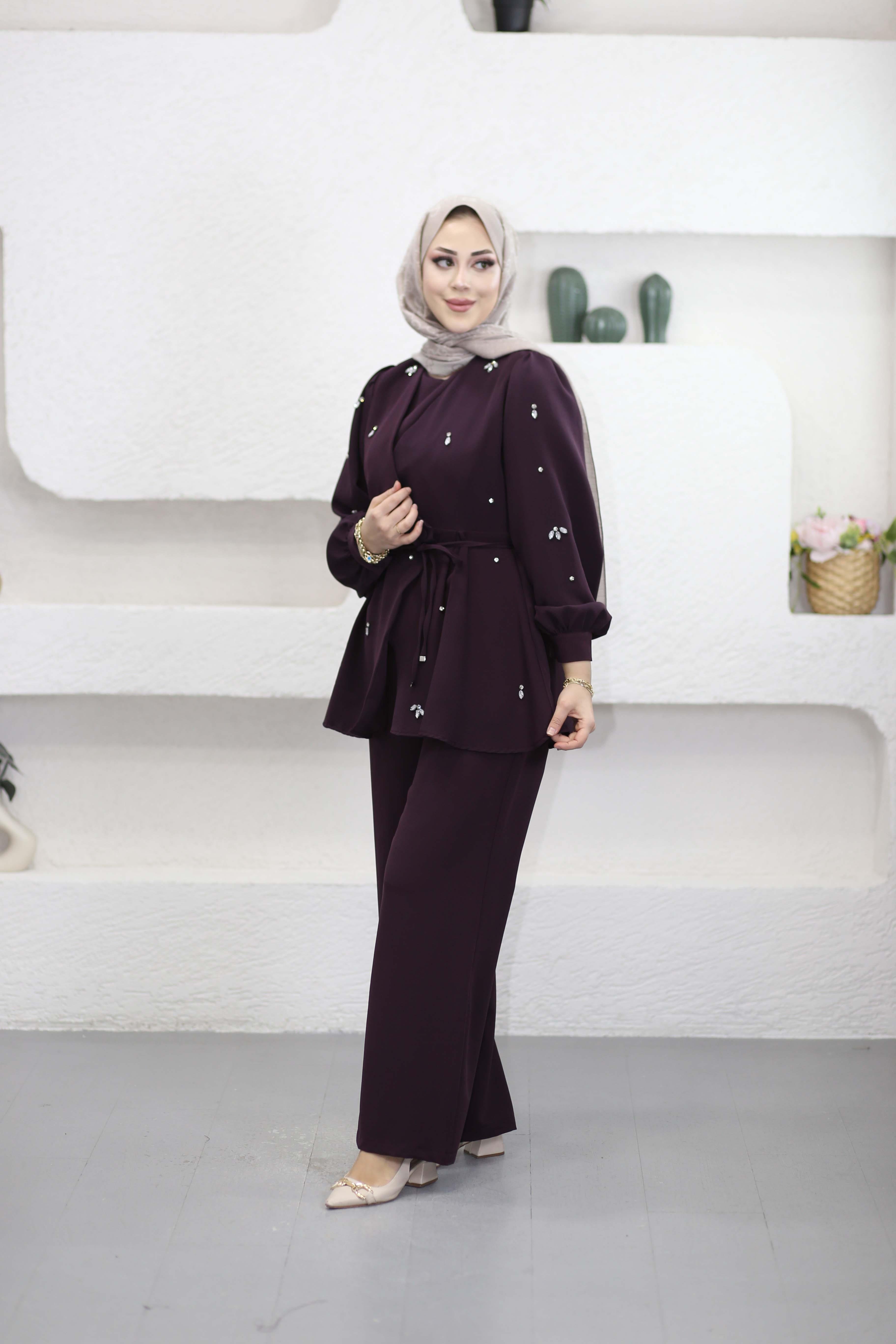 Kruvaze Taşlı Double Takım Mürdüm 8160
