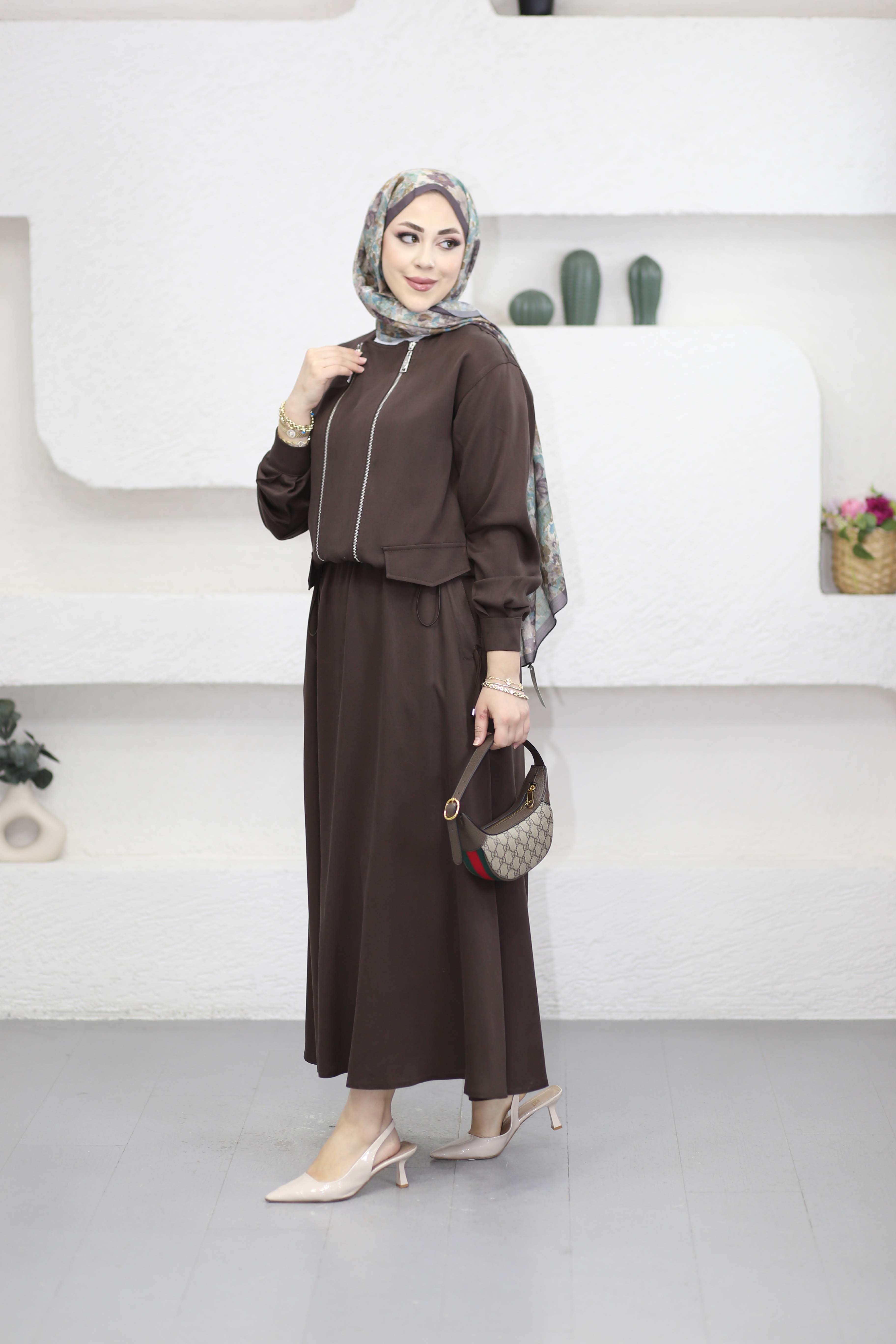 Çift Fermuarlı Etekli Takım Kahverengi 1535