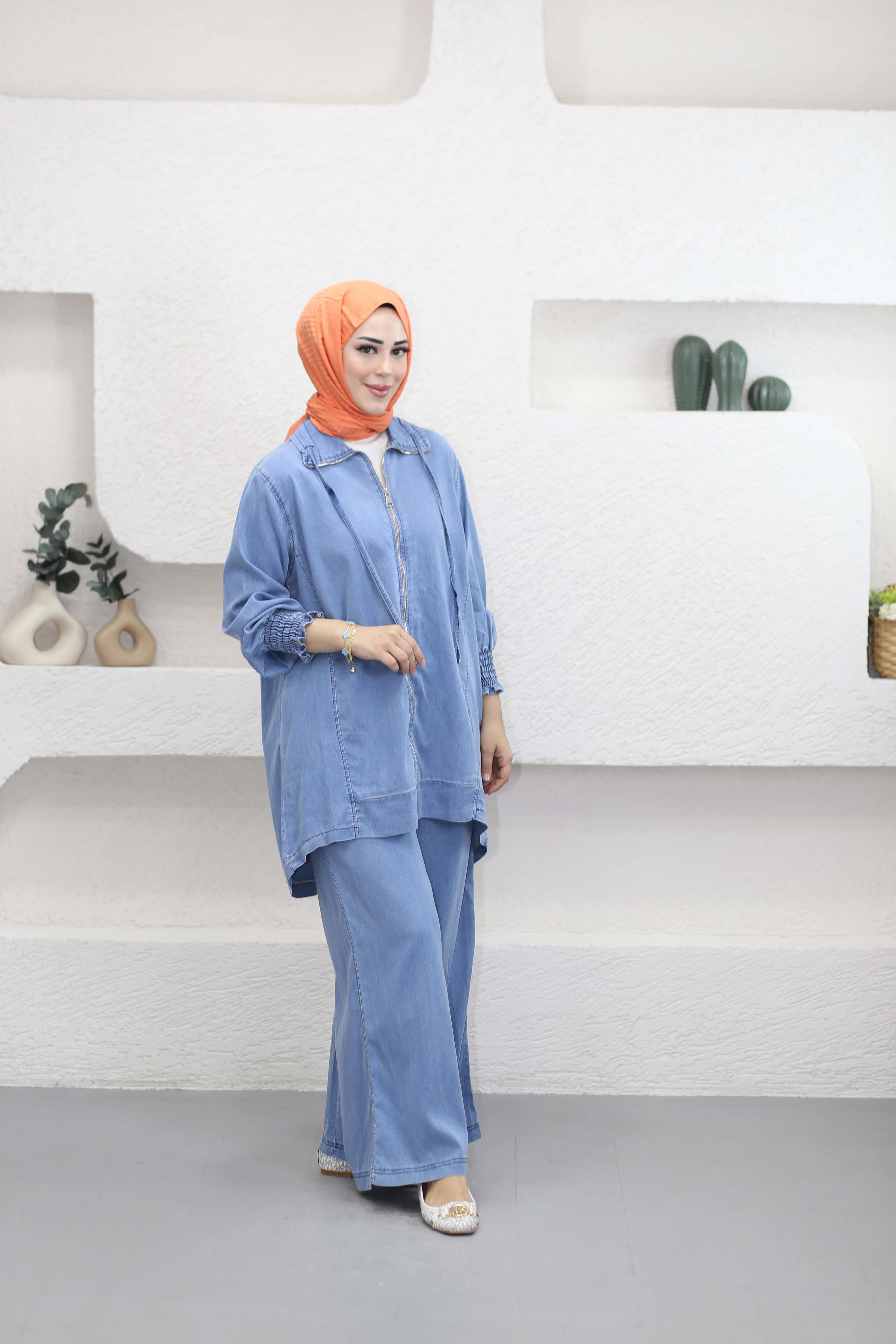 Fermuarlı Tencel Takım Açık Mavi 5833