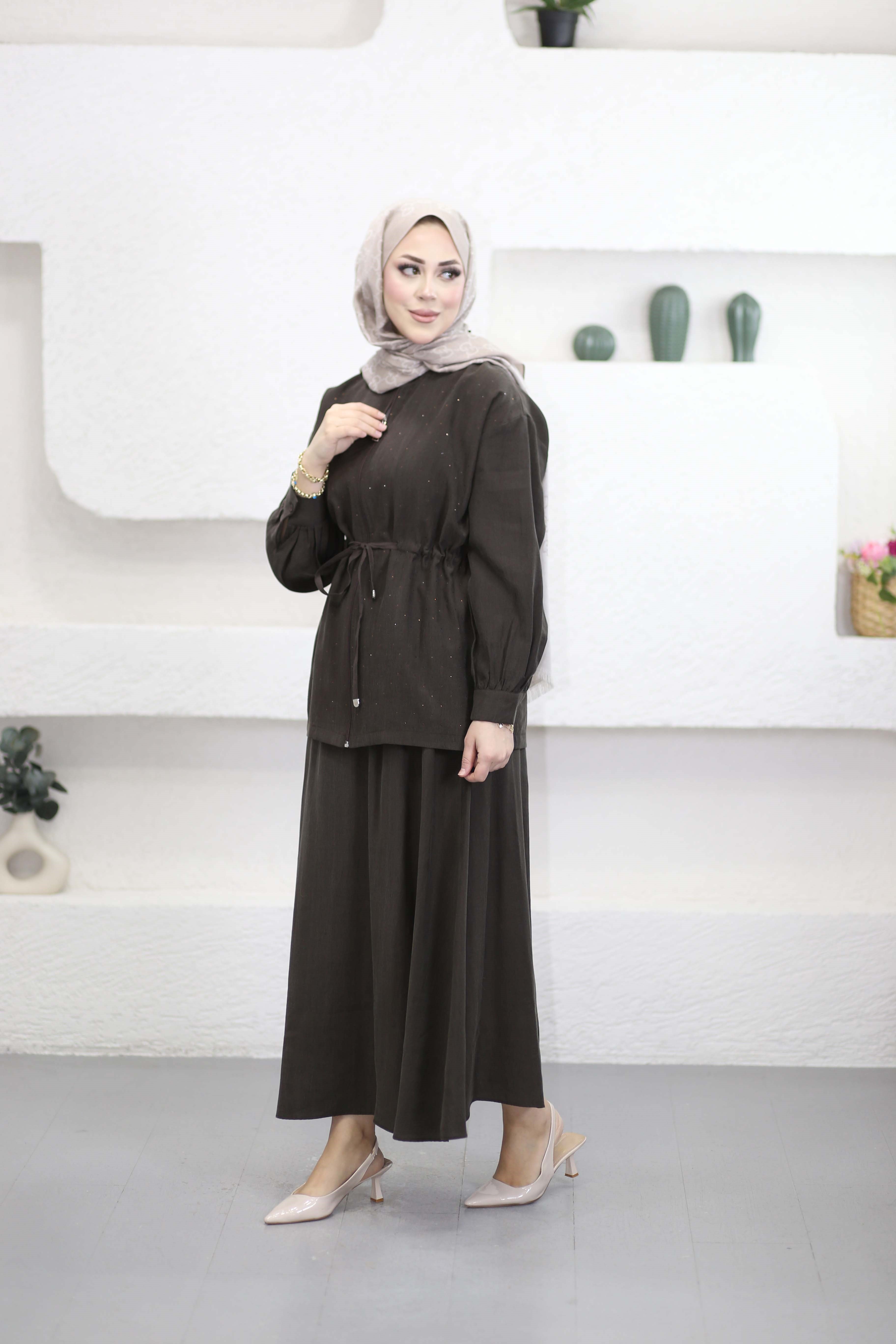 Beli Tünelli Etekli Shine Takım Kahverengi 4466