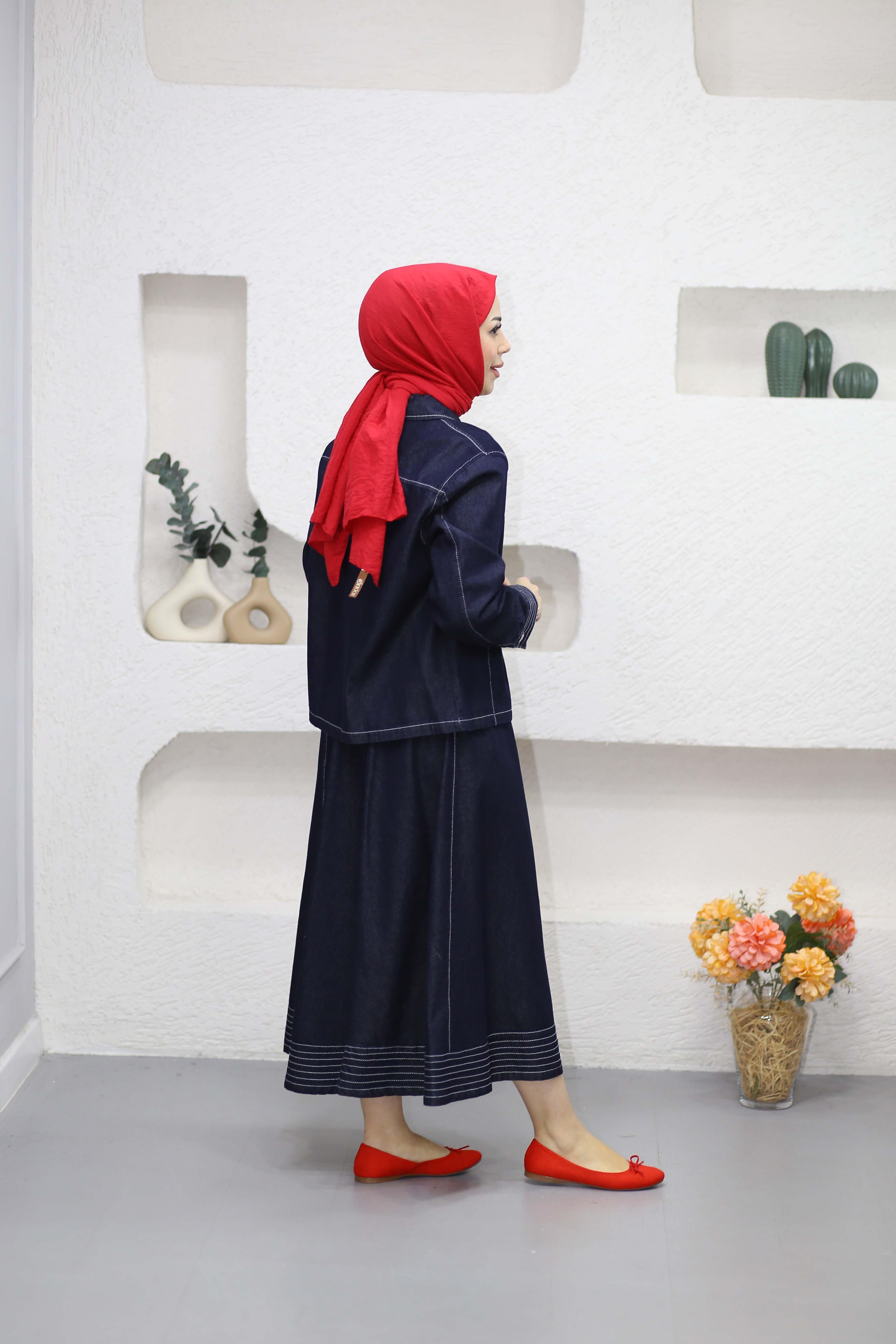 Dikiş Detaylı Denim Takım Koyu Mavi 7319