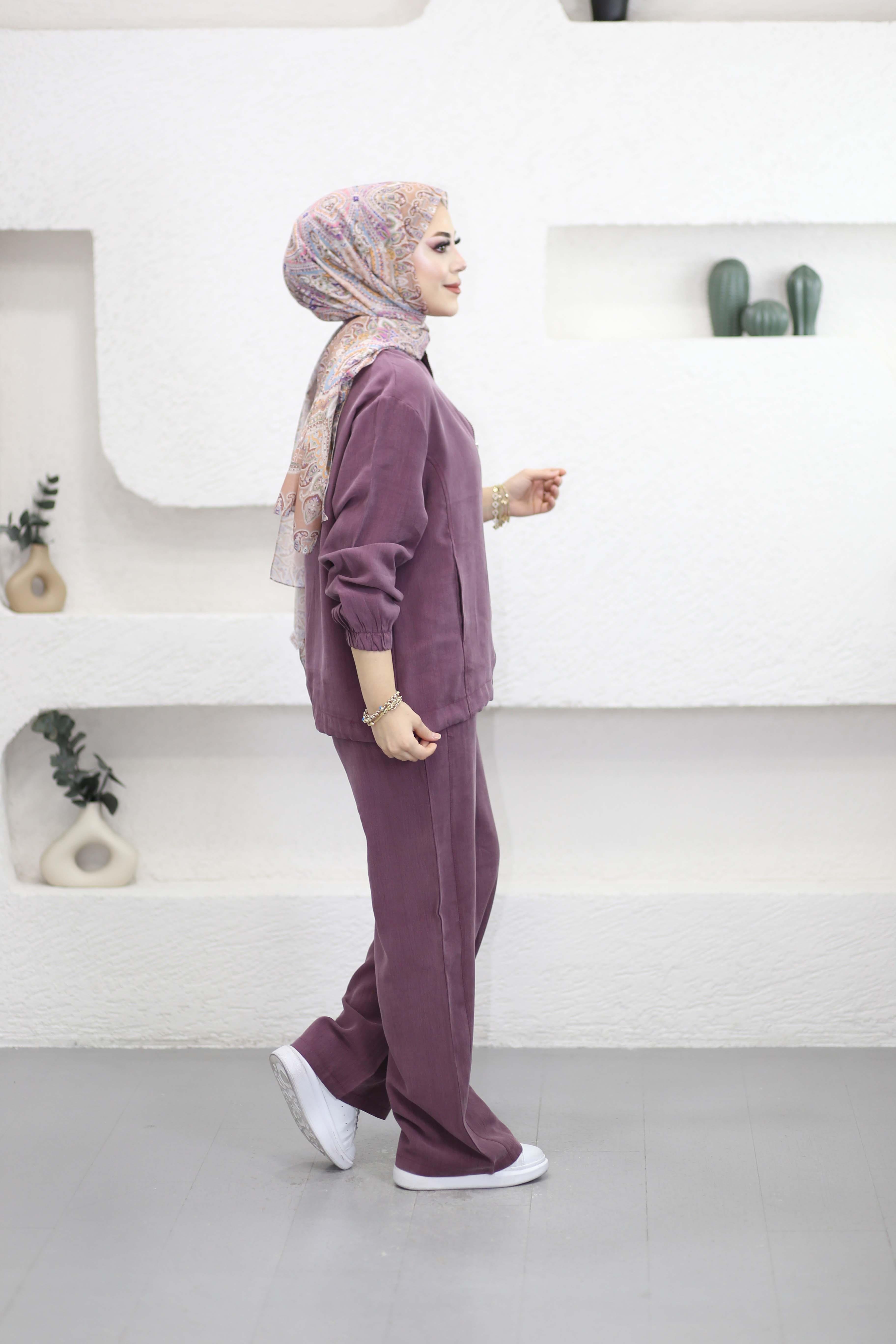 Fermuarlı Bol Paça Pantolon Takım Mürdüm 5768
