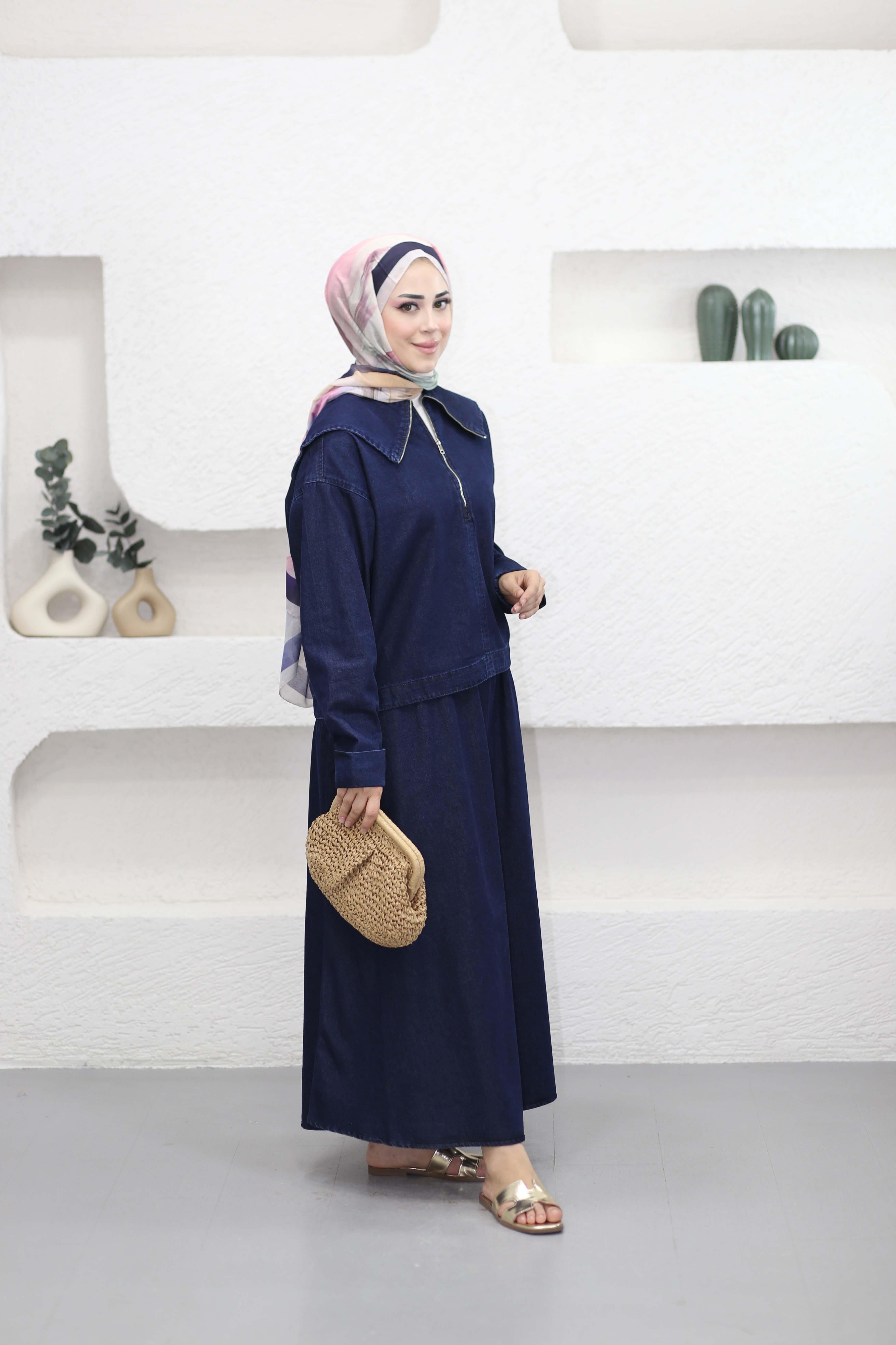 Bebe Yaka Denim Etek Takım Koyu Mavi 5852
