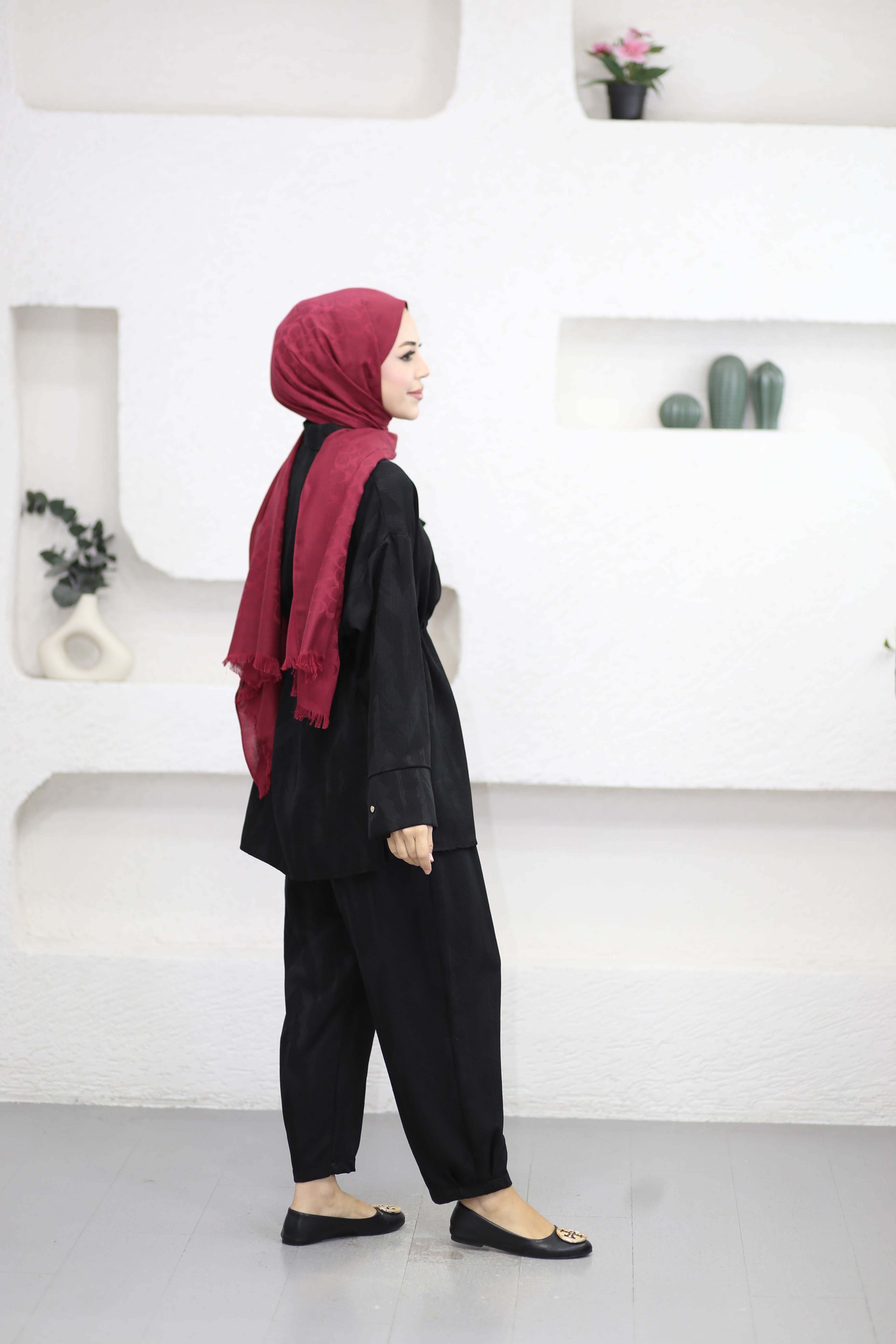 Kendinden Desenli Beli Büzgülü Takım Siyah 75004