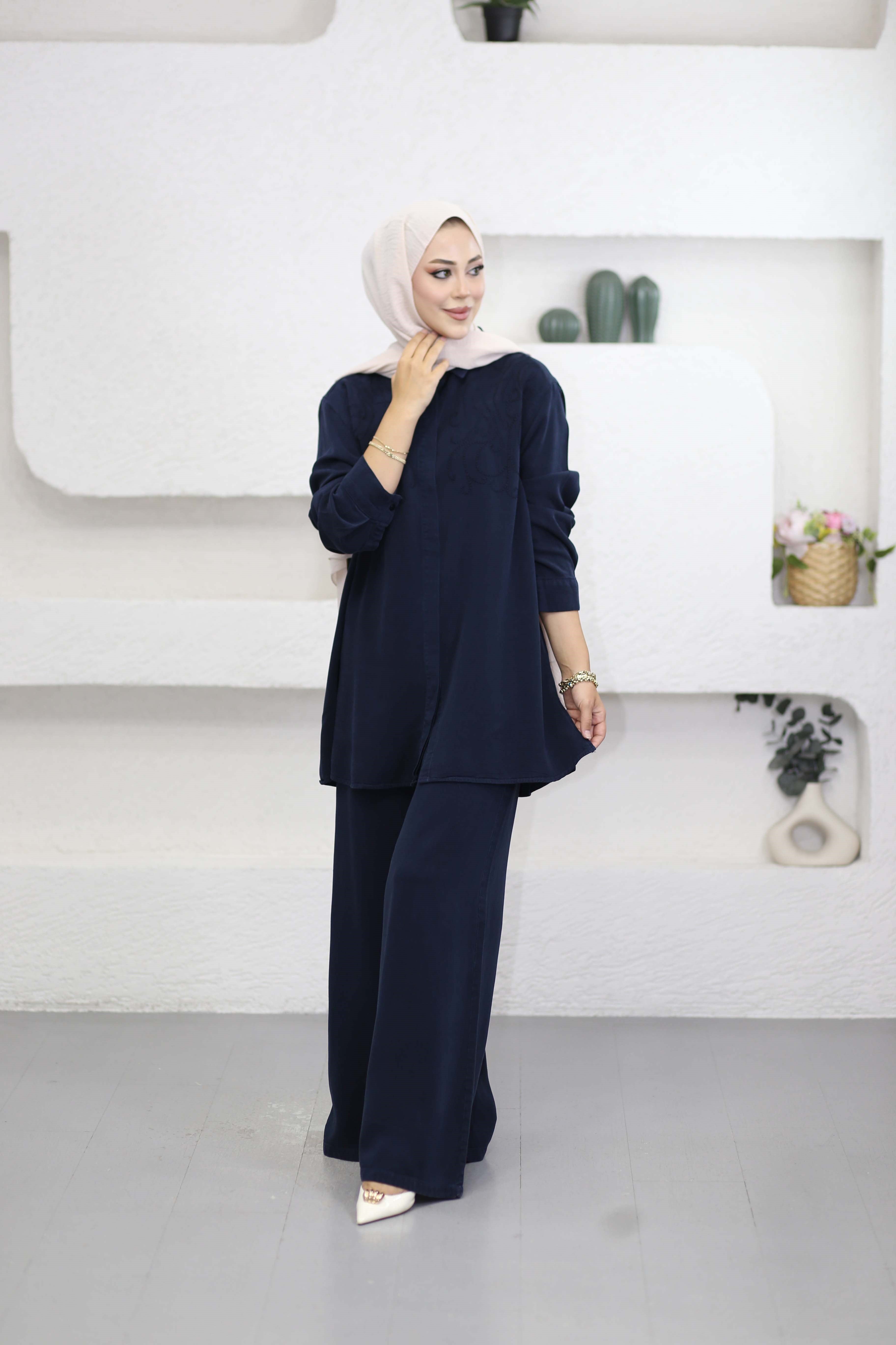 Nakışlı tencel Takım Lacivert 1379