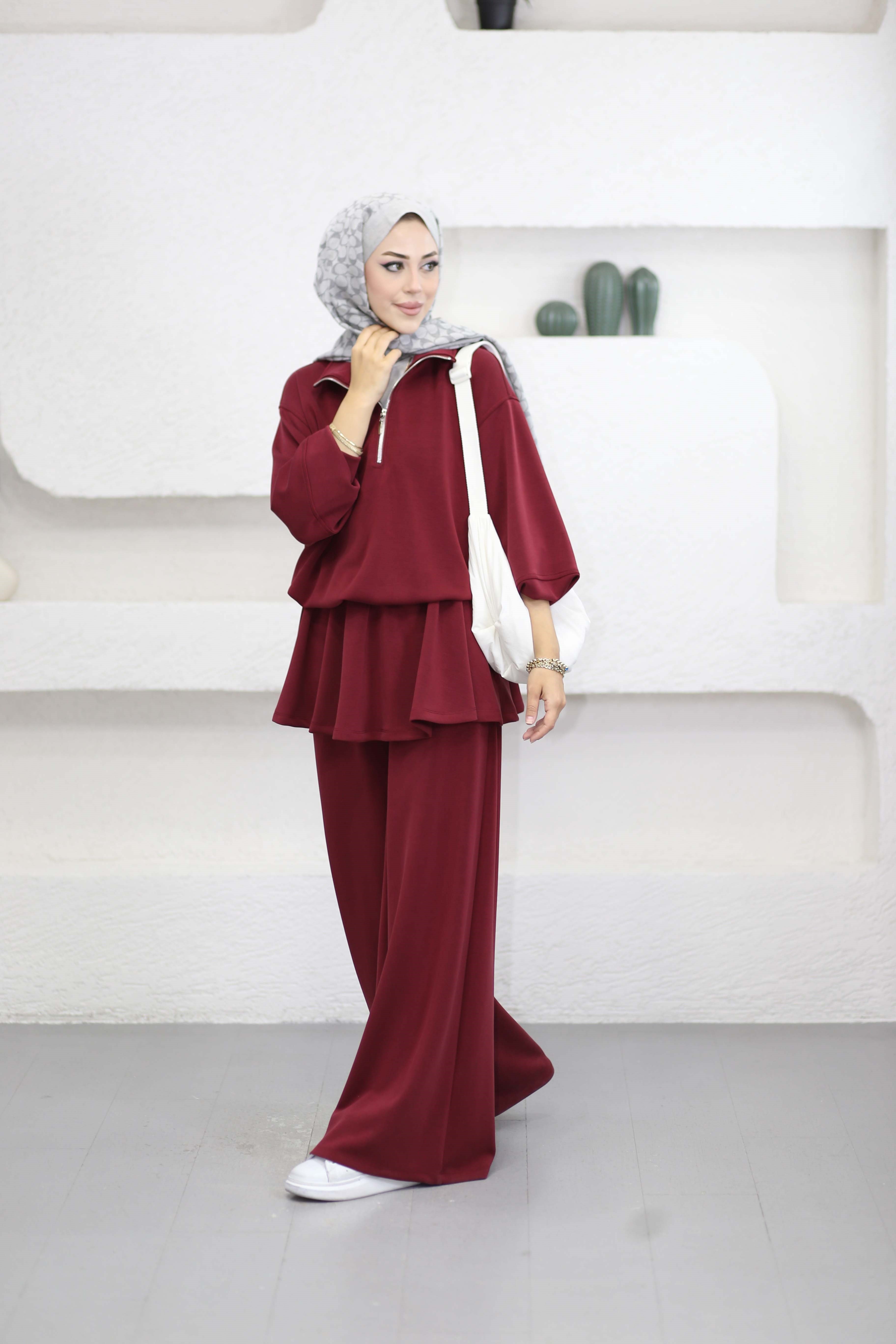 Dik Yaka Beli Büzgülü Takım Bordo 26234