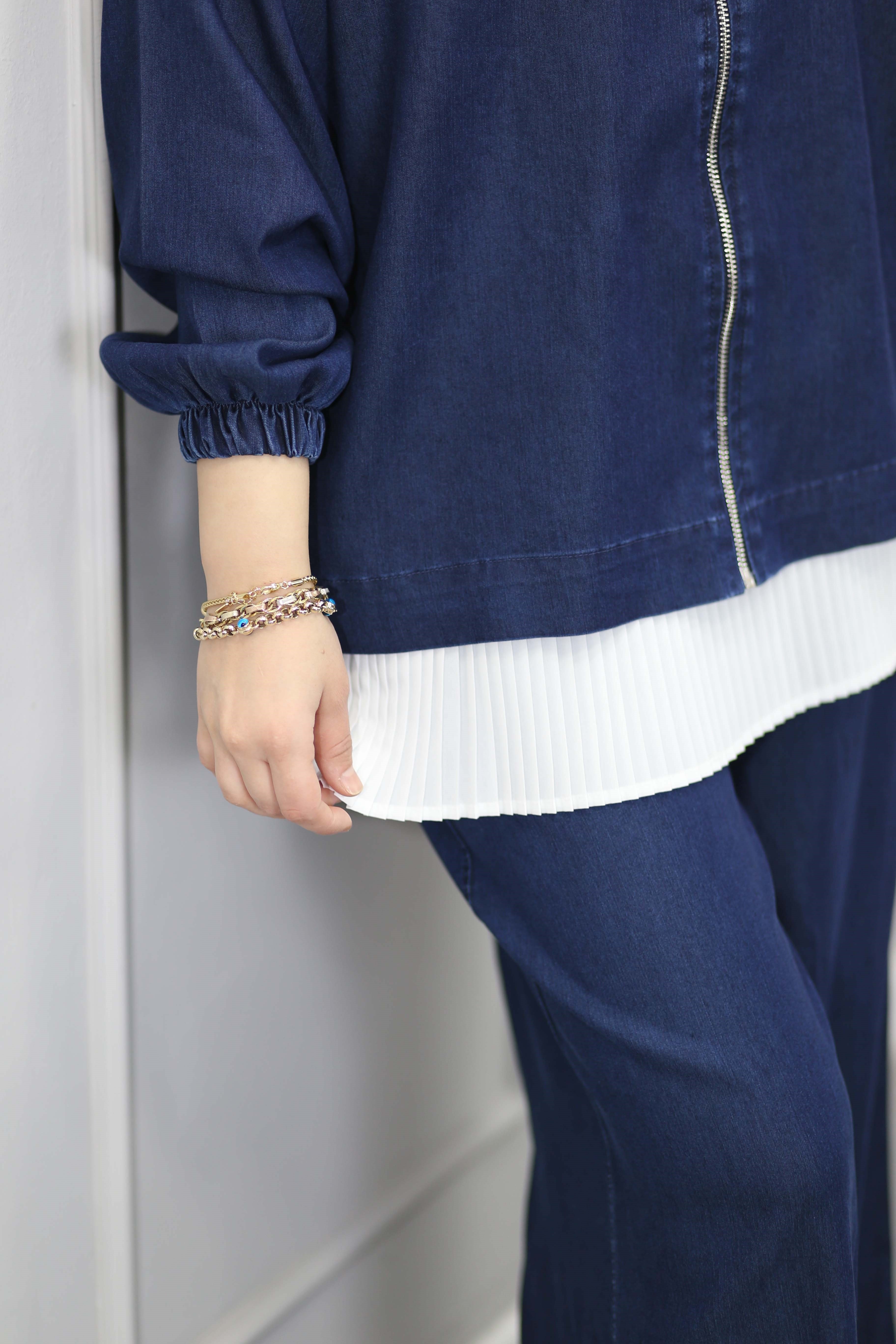 Fermuar Yaka Denim Takım Koyu Mavi 5869