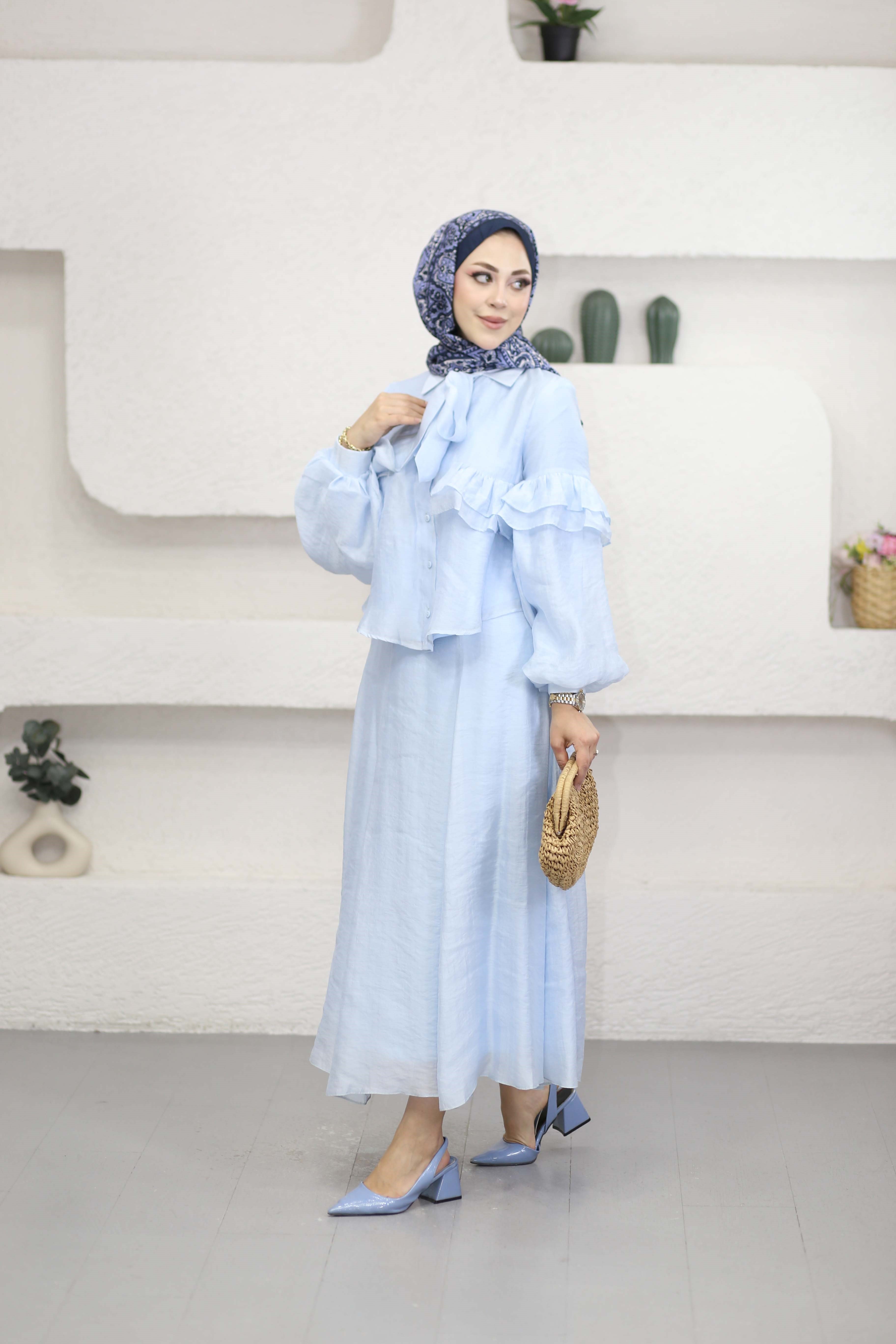 Yaka Kuşaklı Fırfır Takım Bebe Mavi 3229