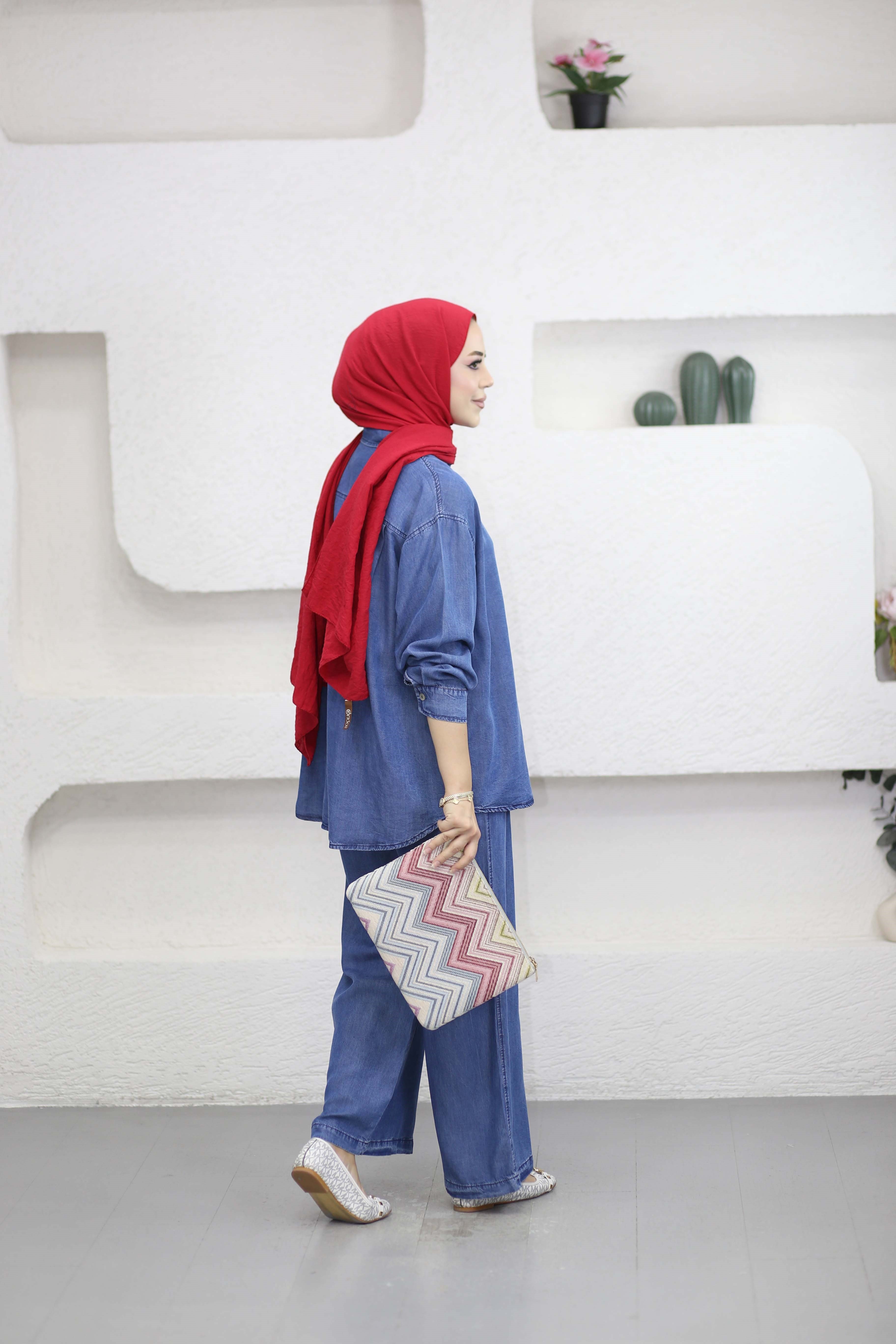 Çift Düğmeli Denim Takım Açık Mavi 6295
