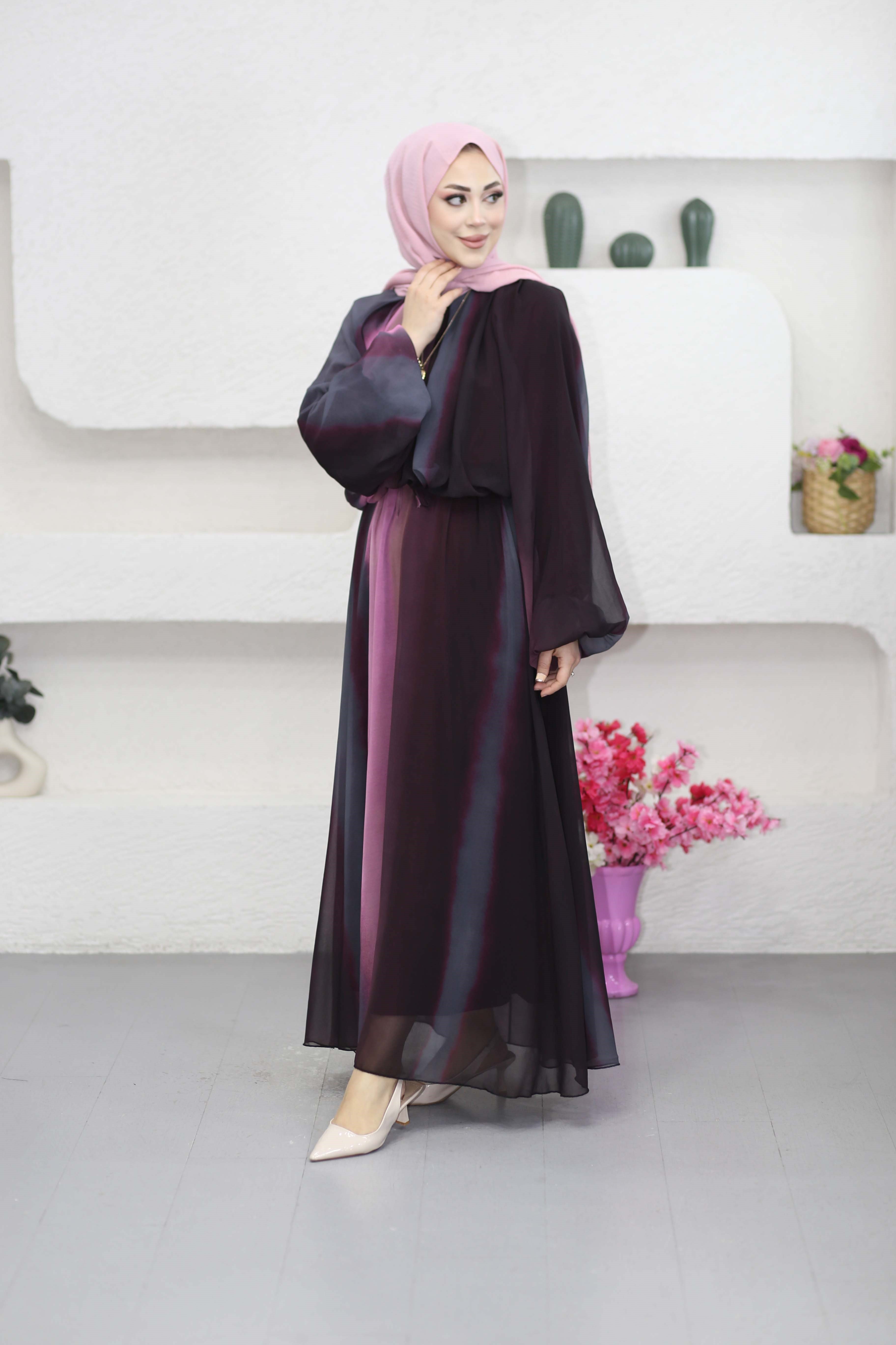 Şifon Baskılı Etek Takım Bordo 8567