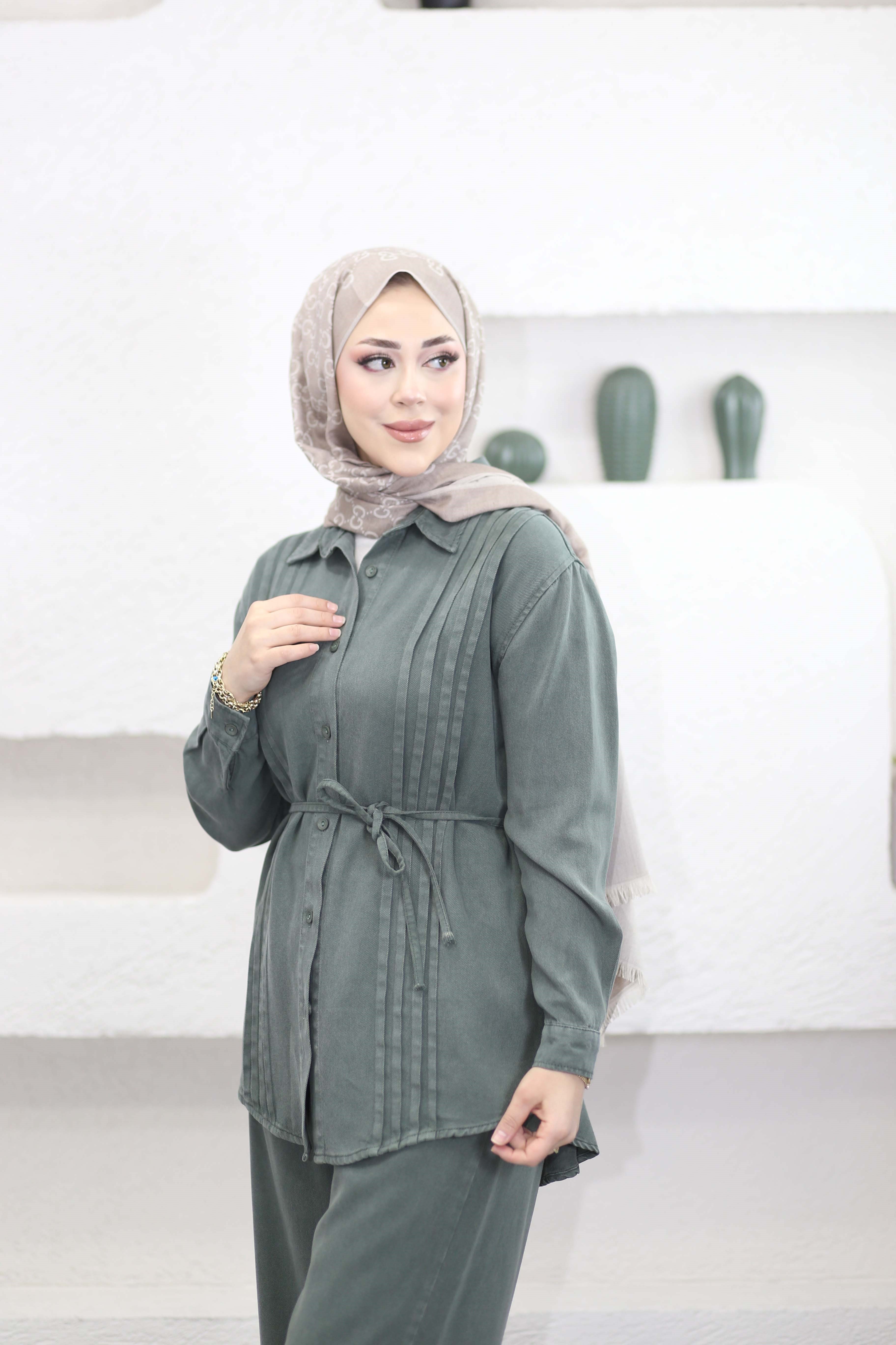Nervürlü Tencel Takım Yeşil 7496