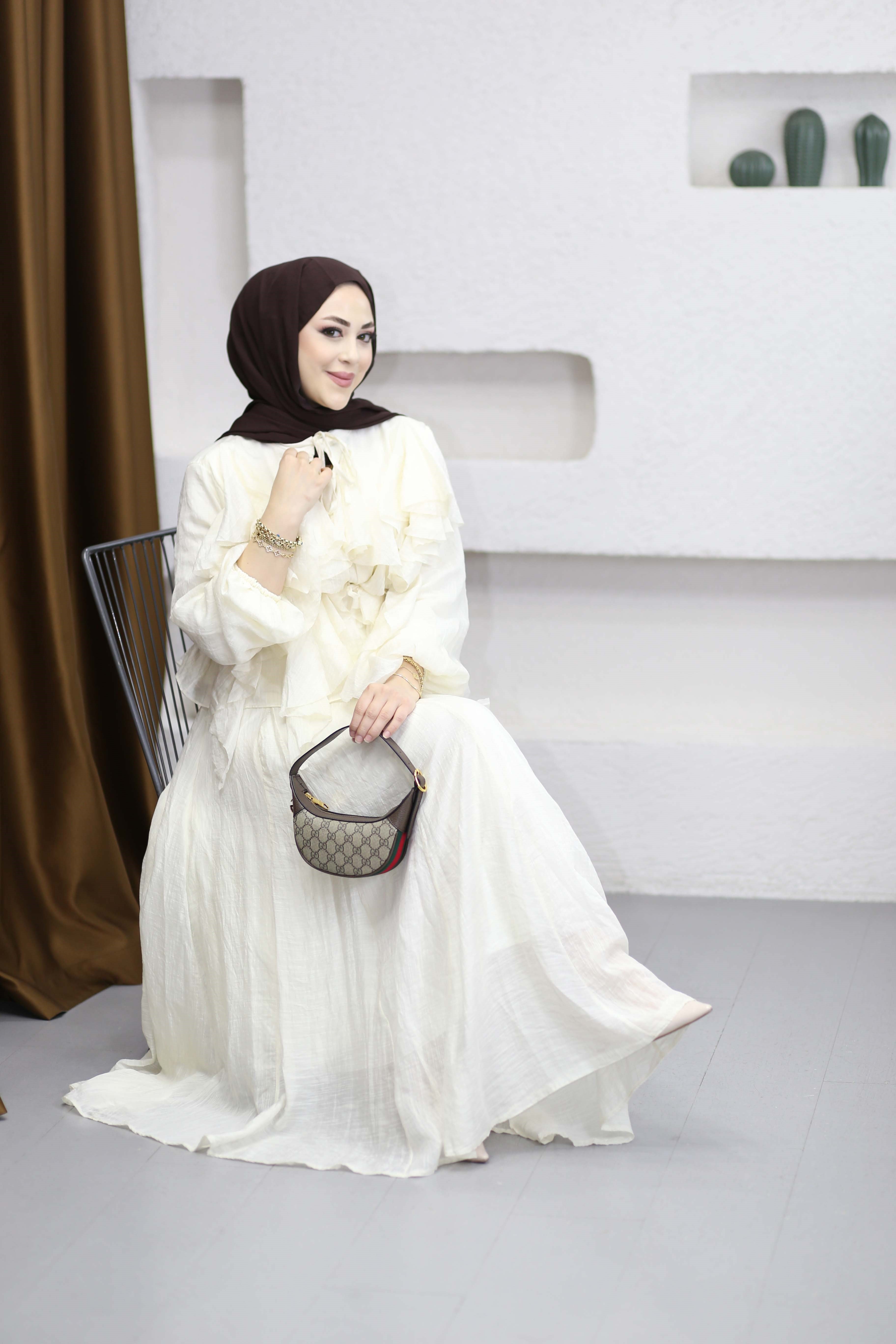 Angelina Volanlı Etek Takım Krem 8548