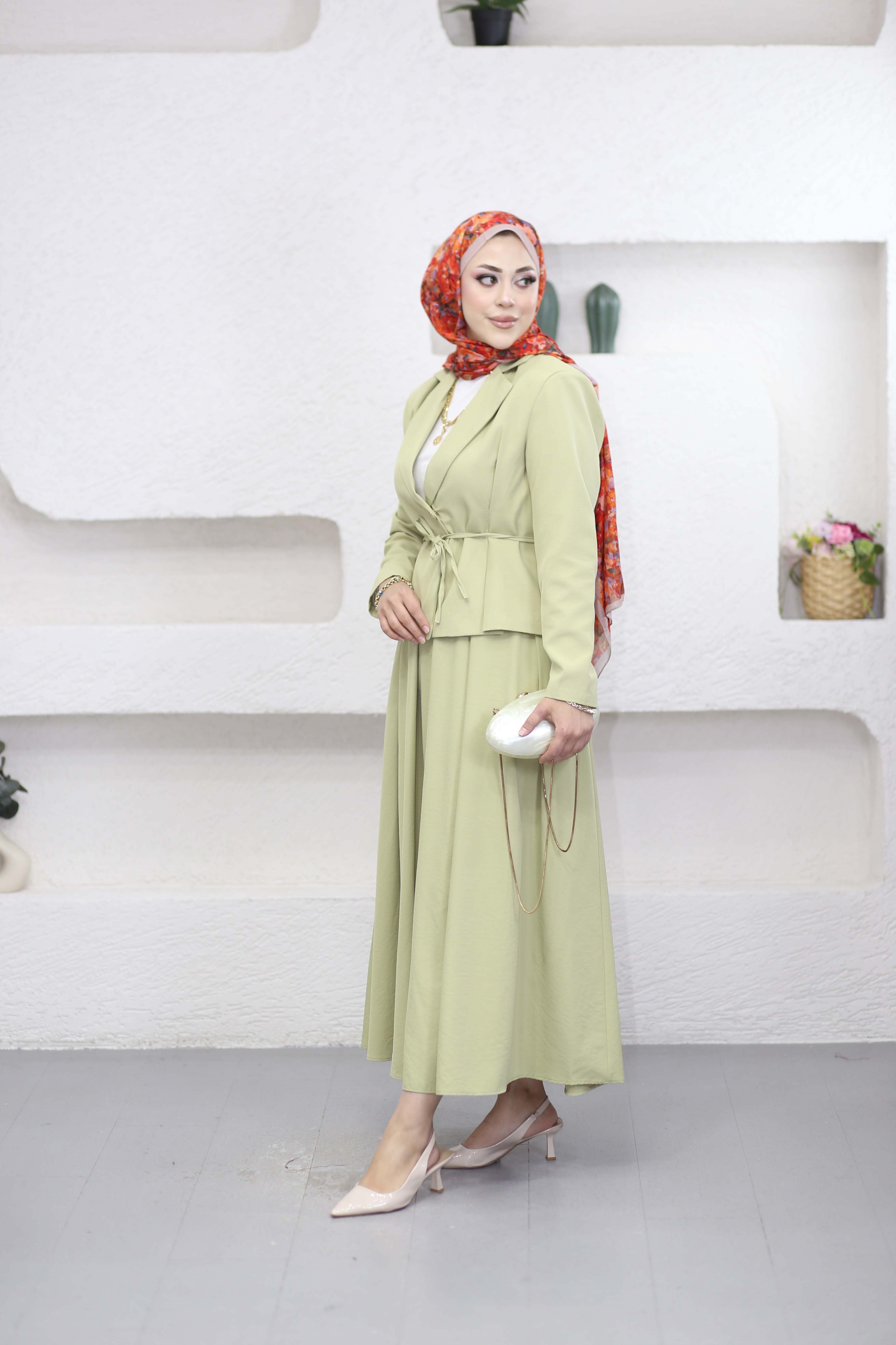 Sara Belden Oturtmalı Etekli Takım Çağla Yeşili 8682