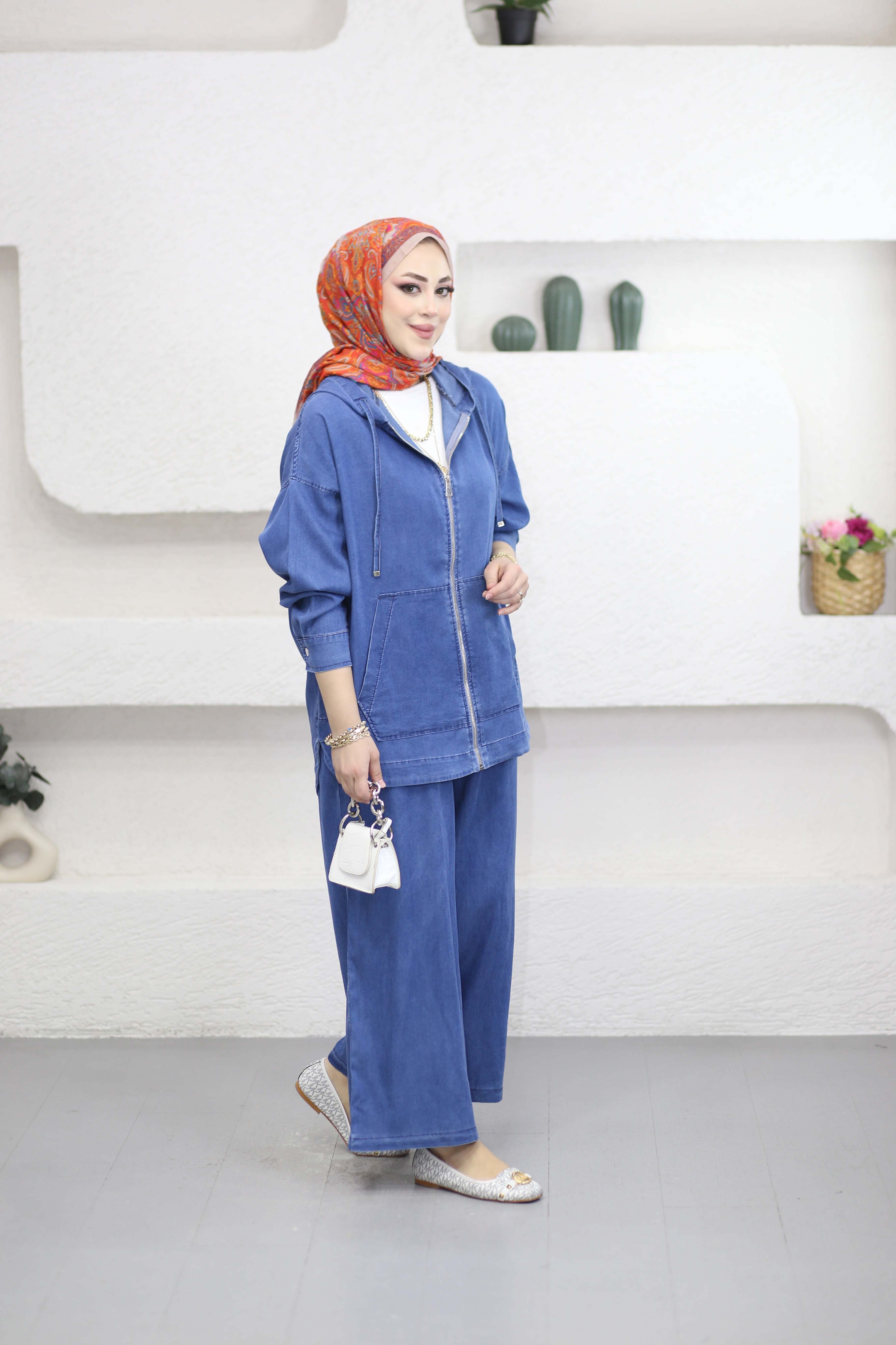Kanguru Cep Fermuarlı Tencel Takım Açık Mavi 5398