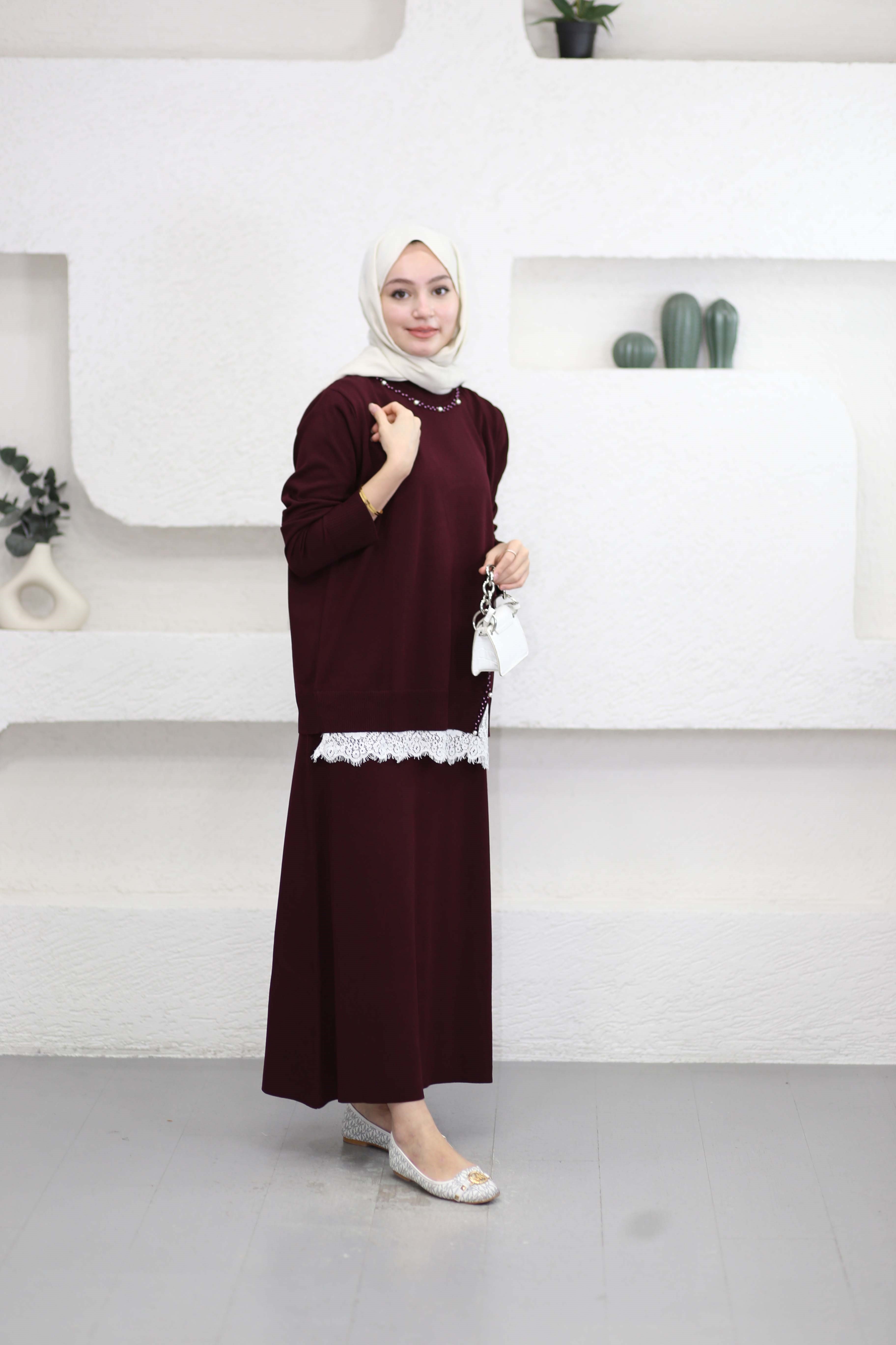 İnci Etekli Triko Takım Bordo 26073
