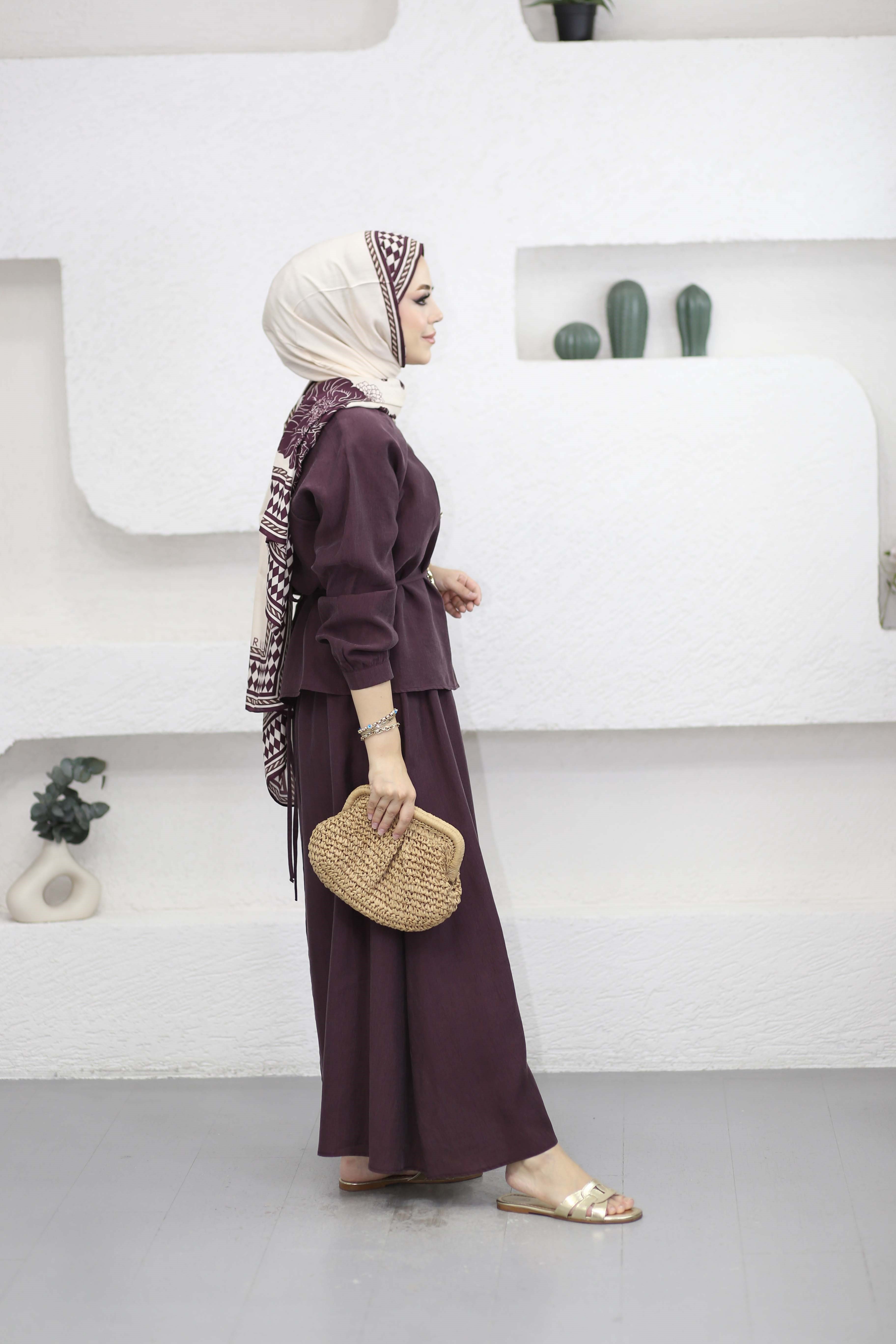 Gold Detaylı Narin Takım Bordo 7563