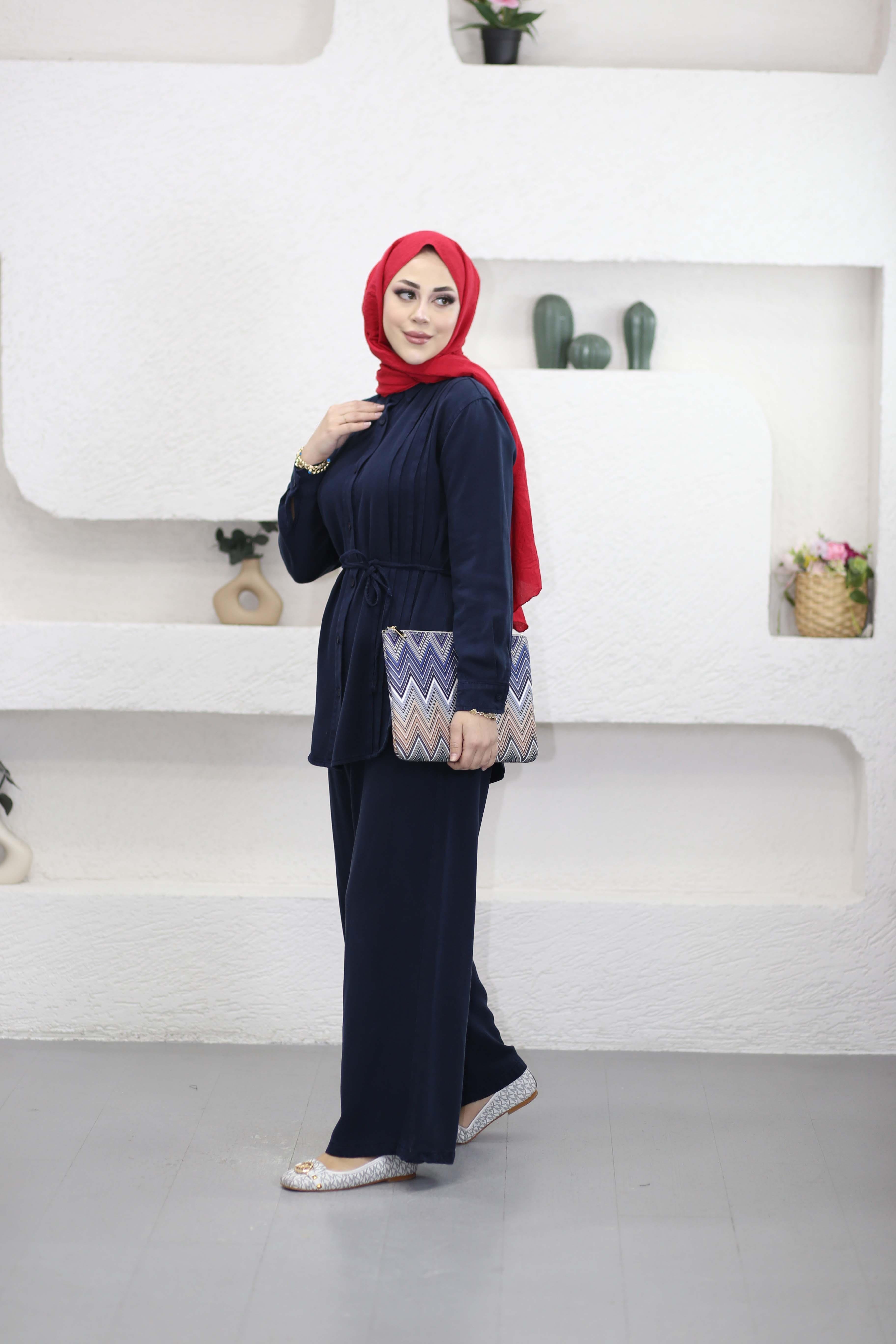 Nervürlü Tencel Takım Lacivert 7496