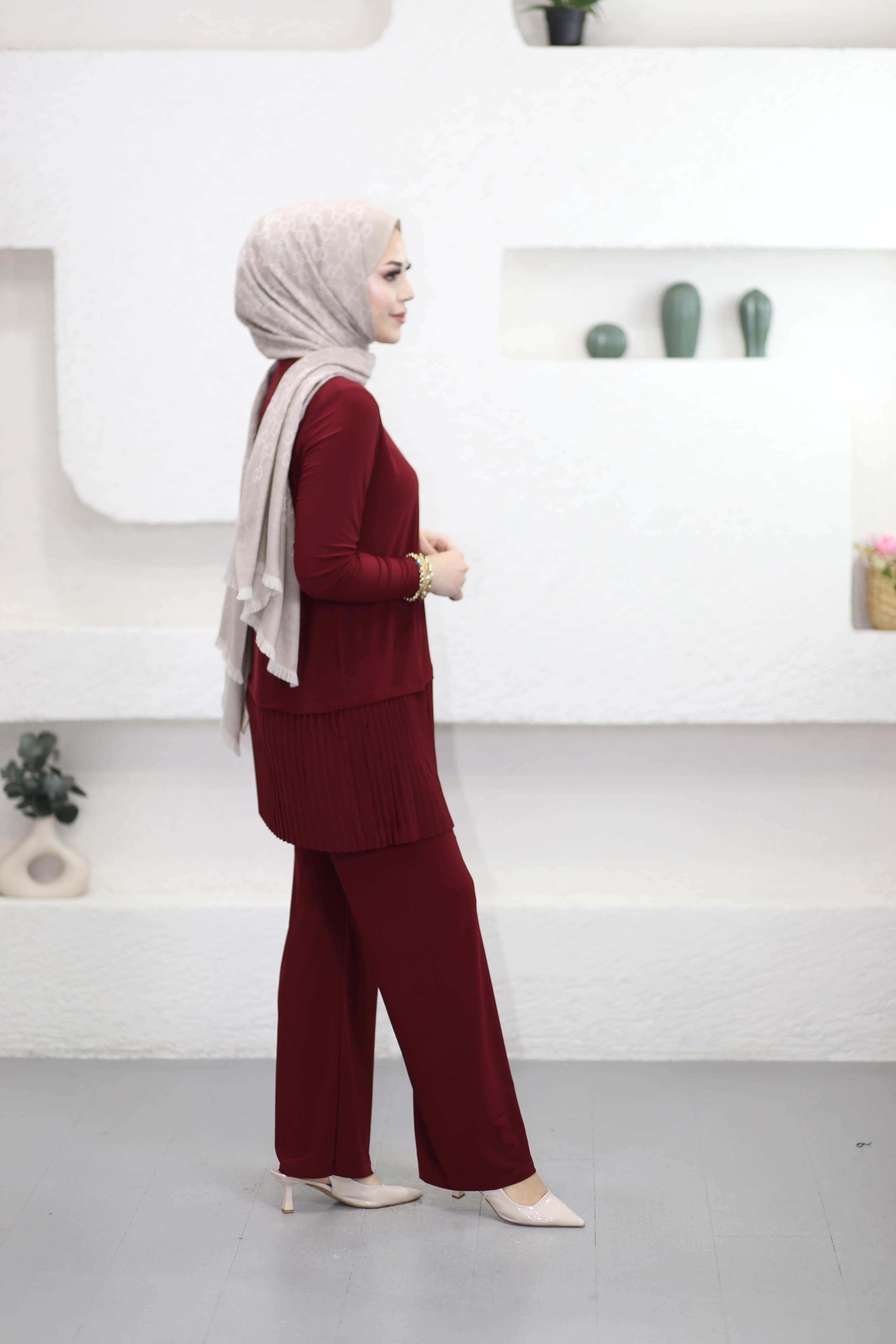 Eteği Piliseli Pantolonlu Takım Bordo 4204