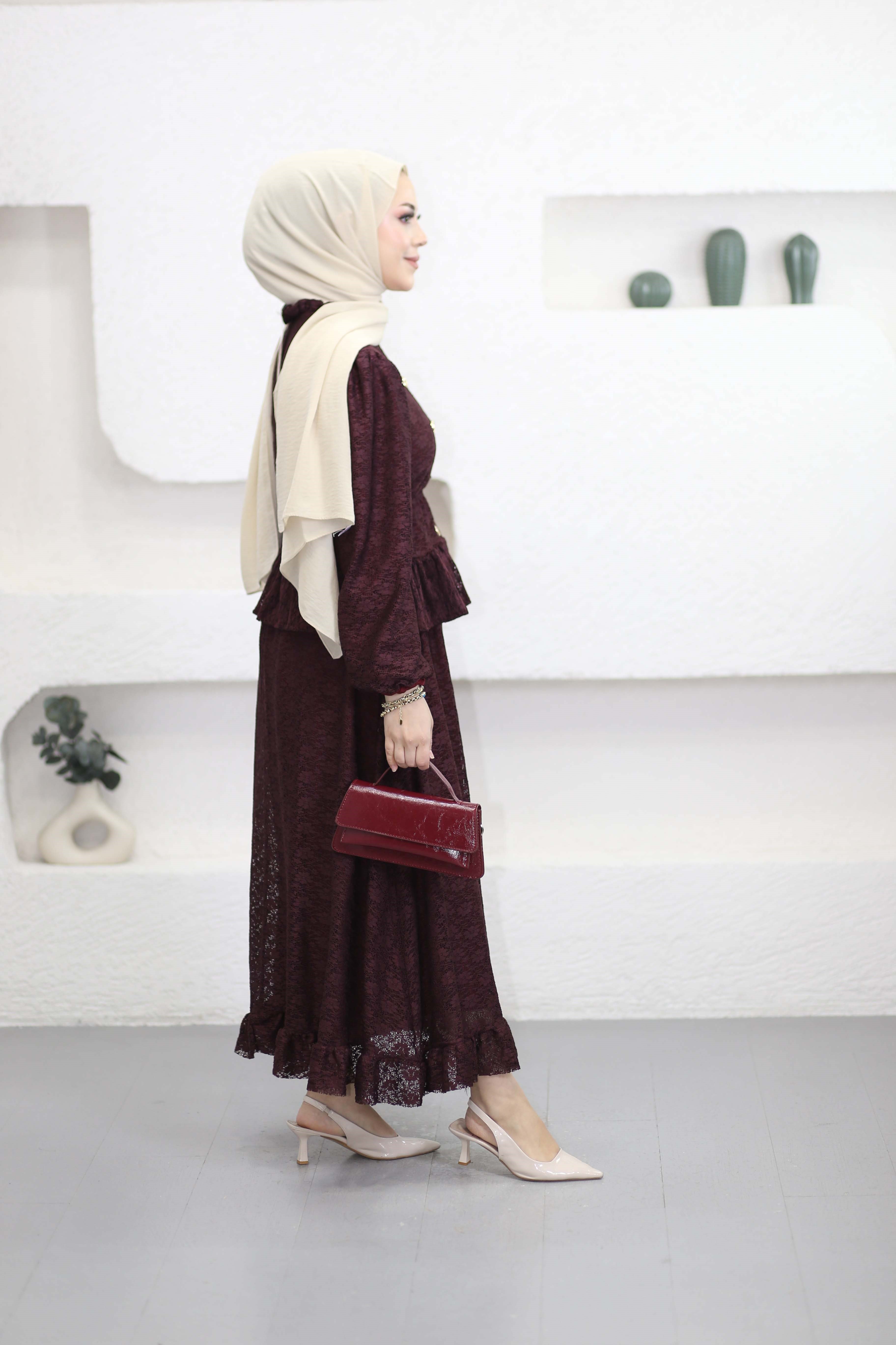 Dantel Etekli Takım Bordo 3141