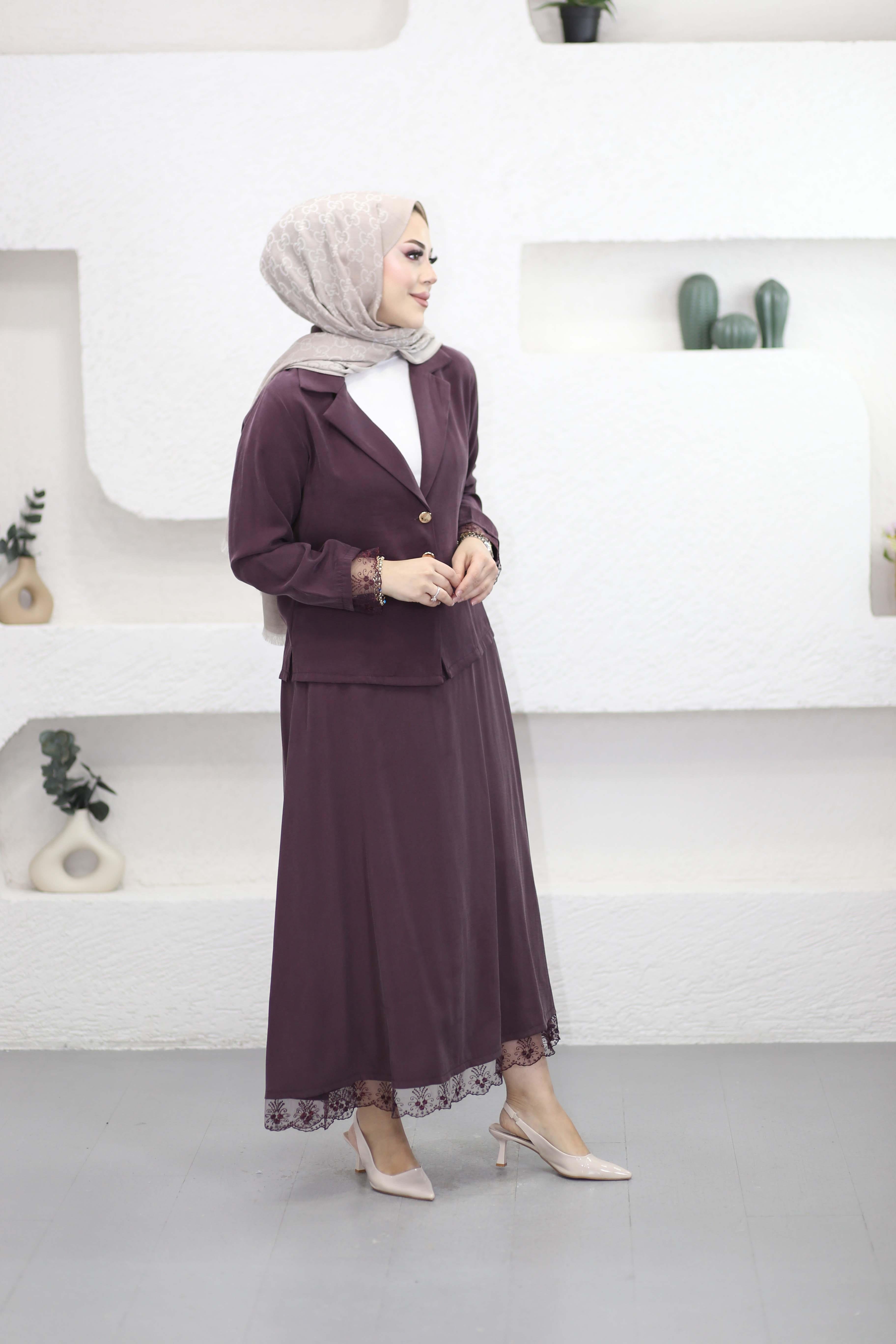 Dantel İşlemeli Modern Takım Bordo 250359