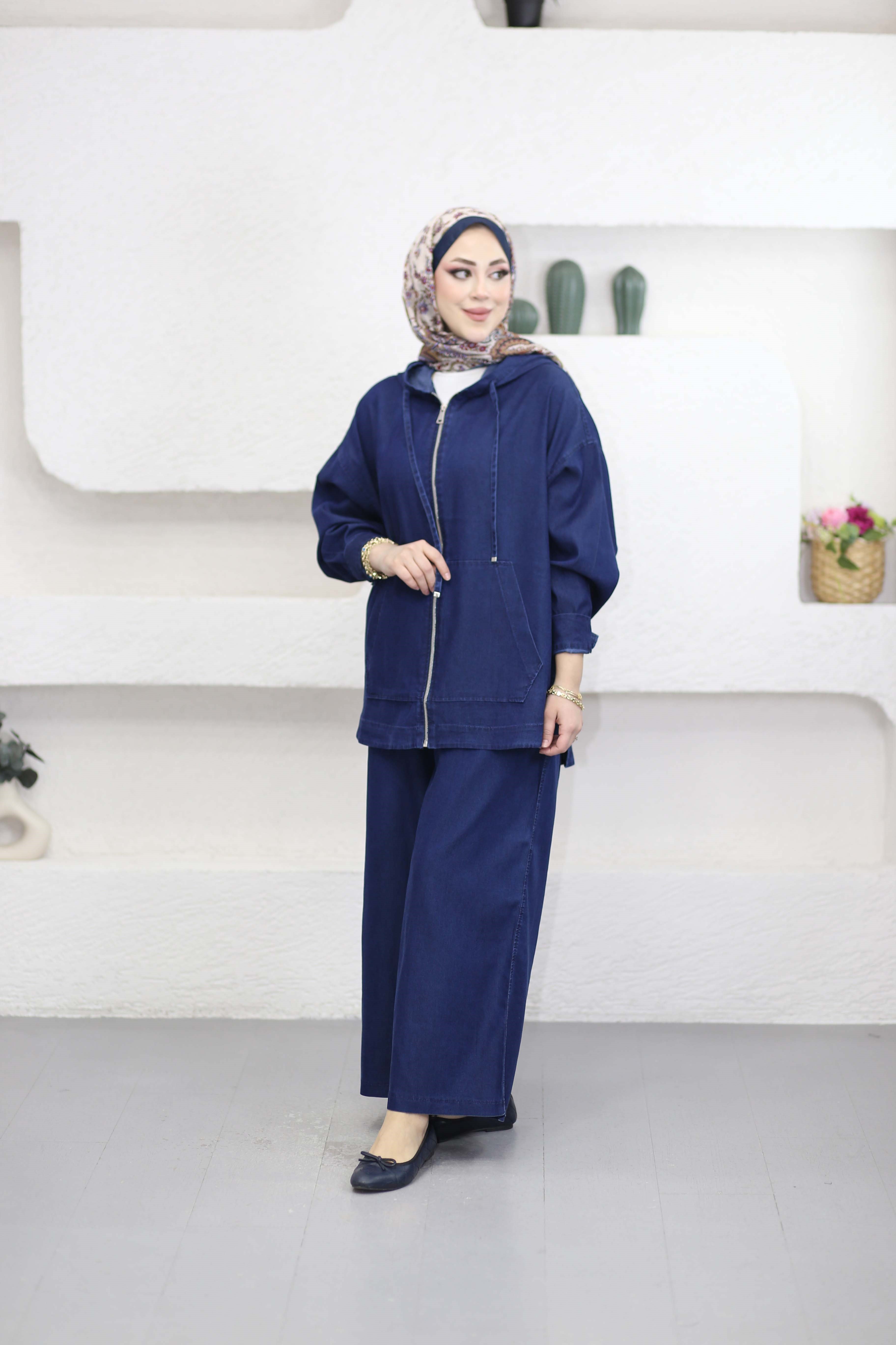 Kanguru Cep Fermuarlı Tencel Takım Koyu Mavi 5398