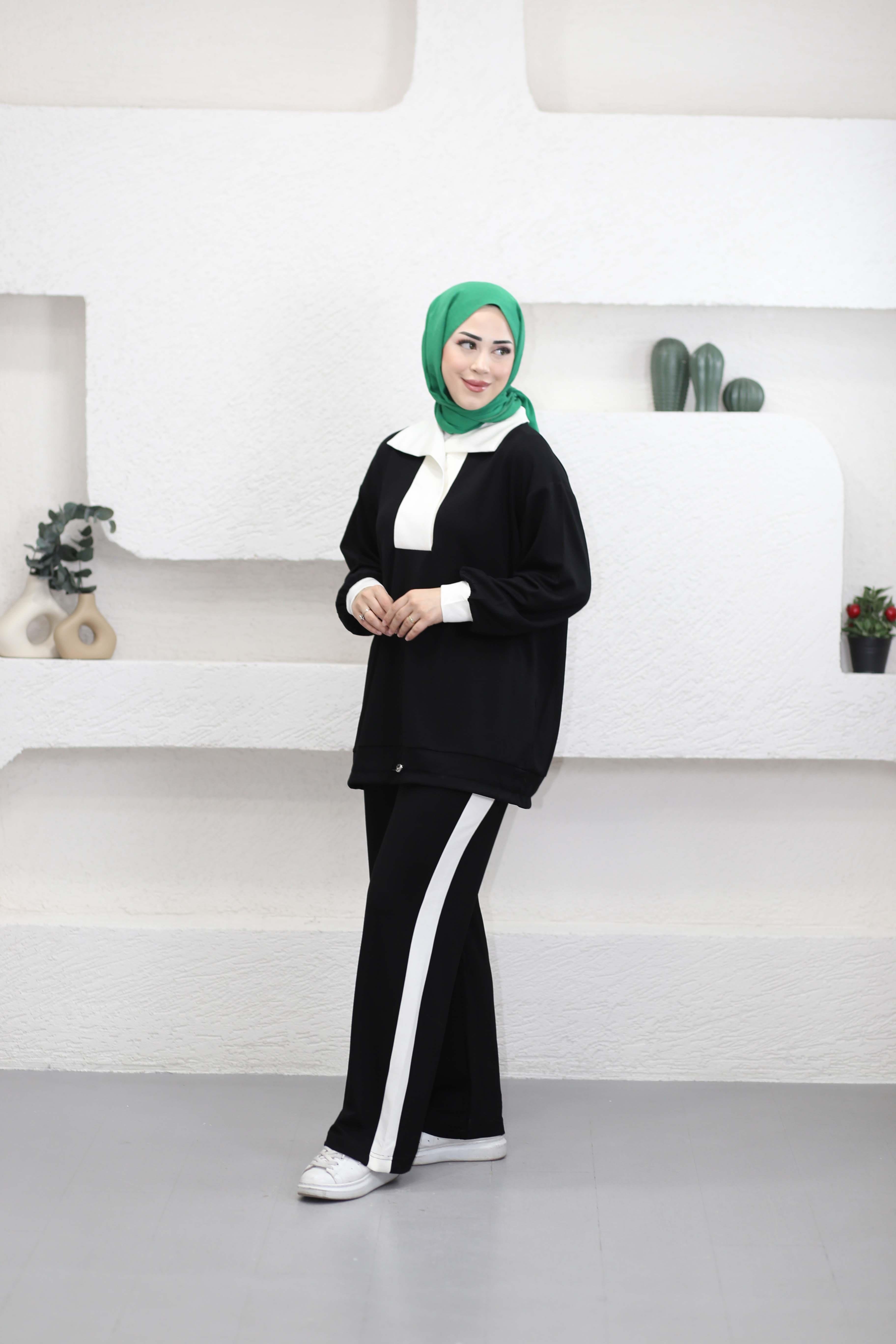 Yakalı Şeritli Takım Siyah 5596