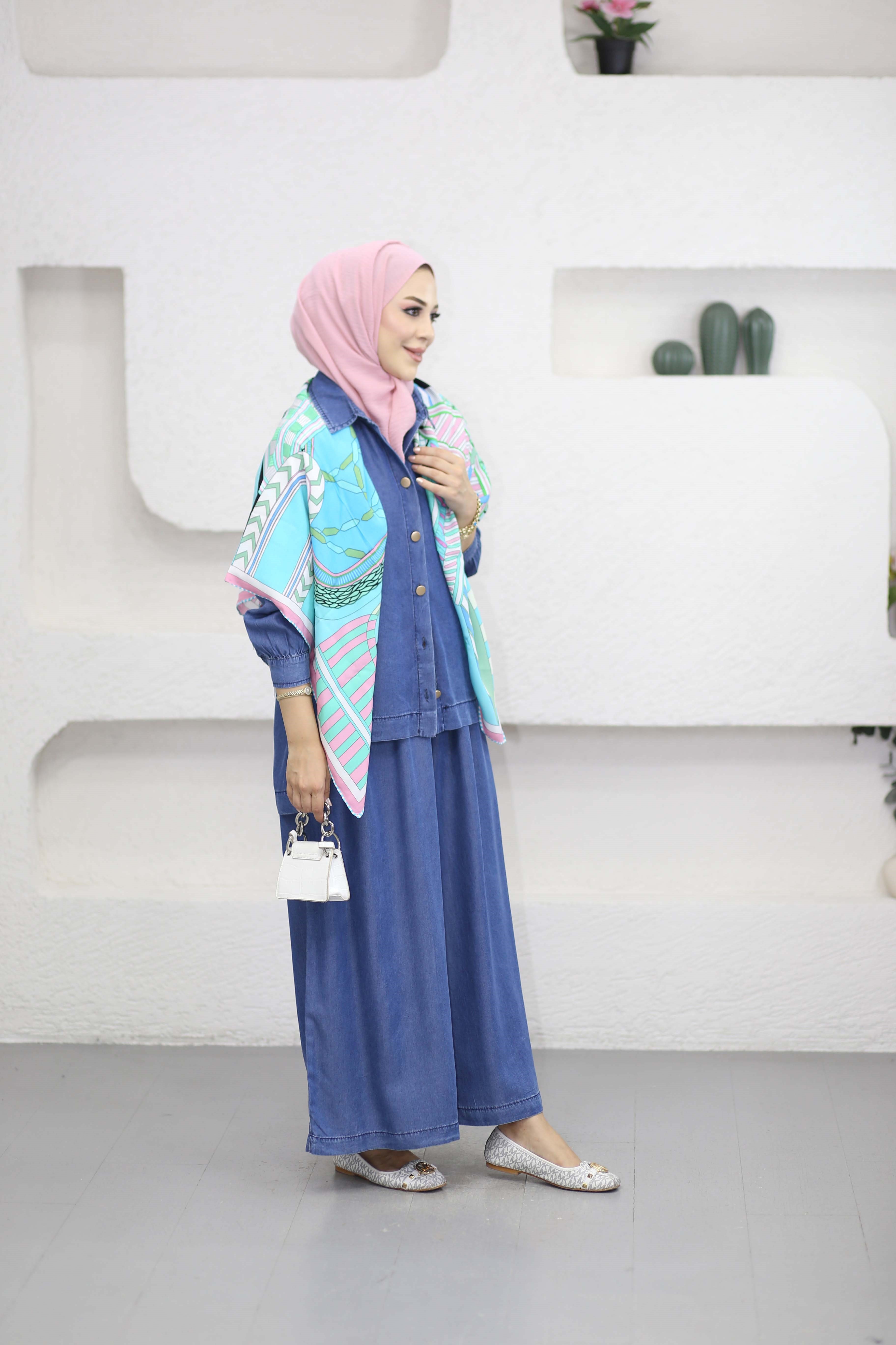 Pirinç Düğmeli Tencel Takım Açık Mavi 6218