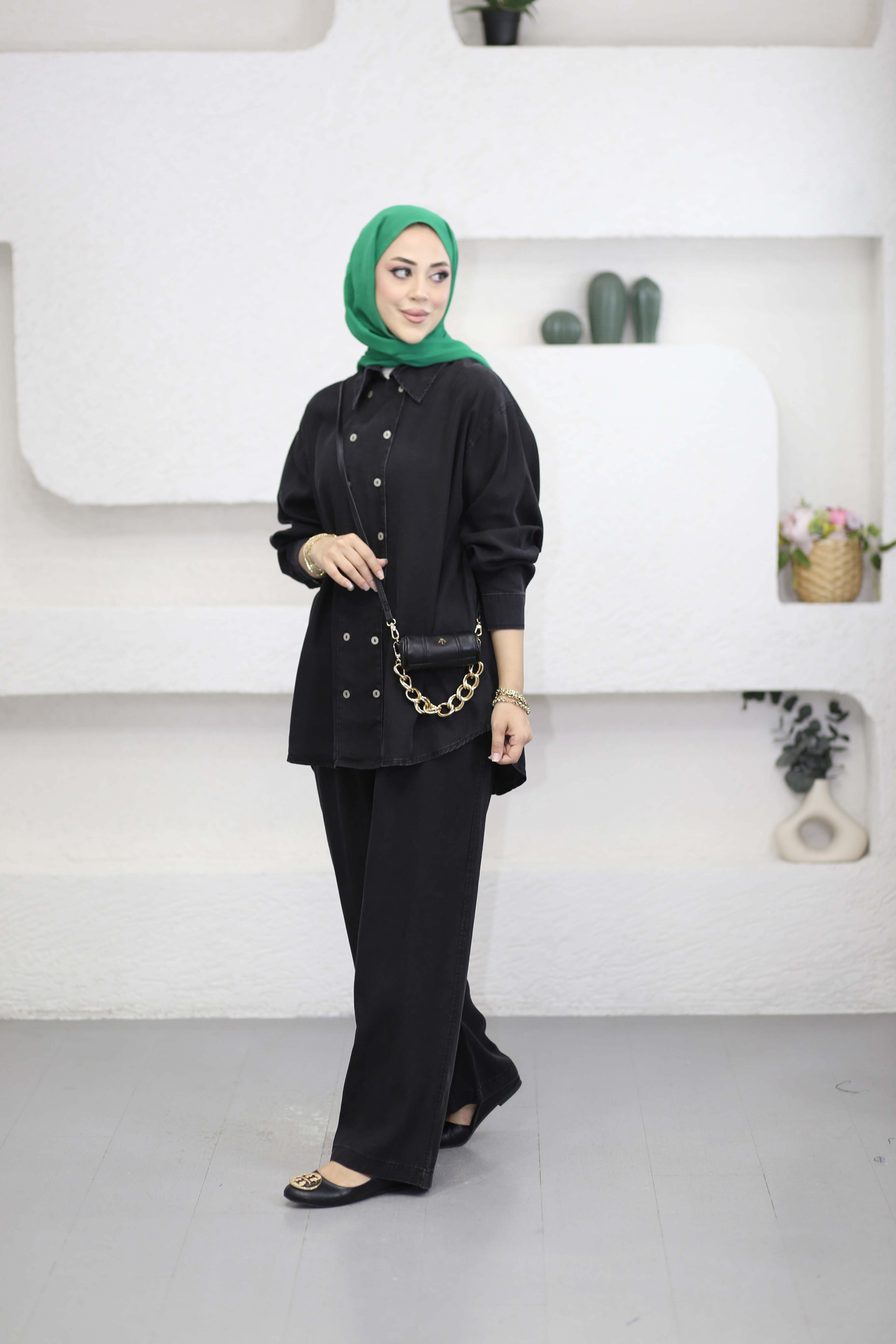 Çift Düğmeli Denim Takım Siyah 6295