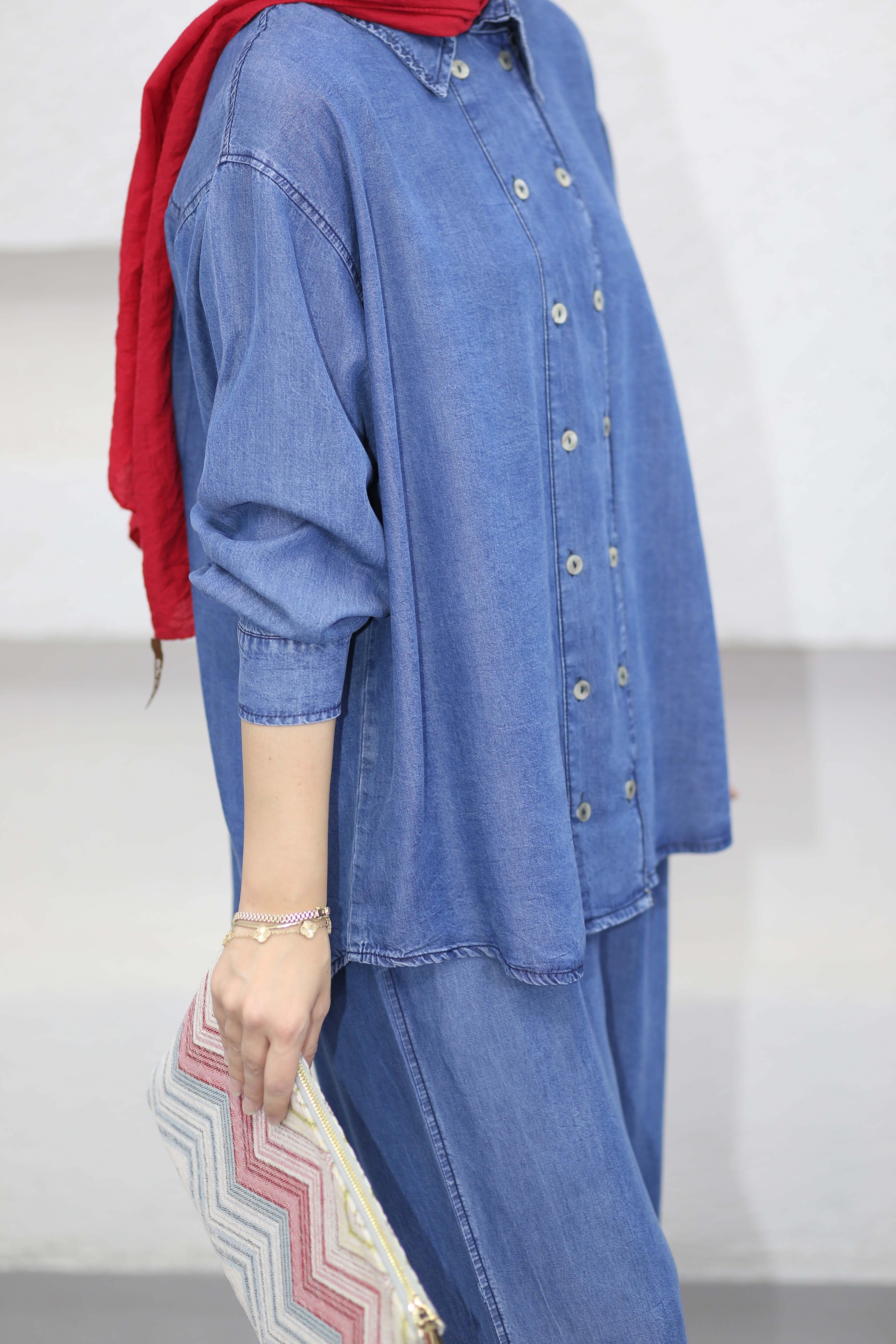 Çift Düğmeli Denim Takım Açık Mavi 6295