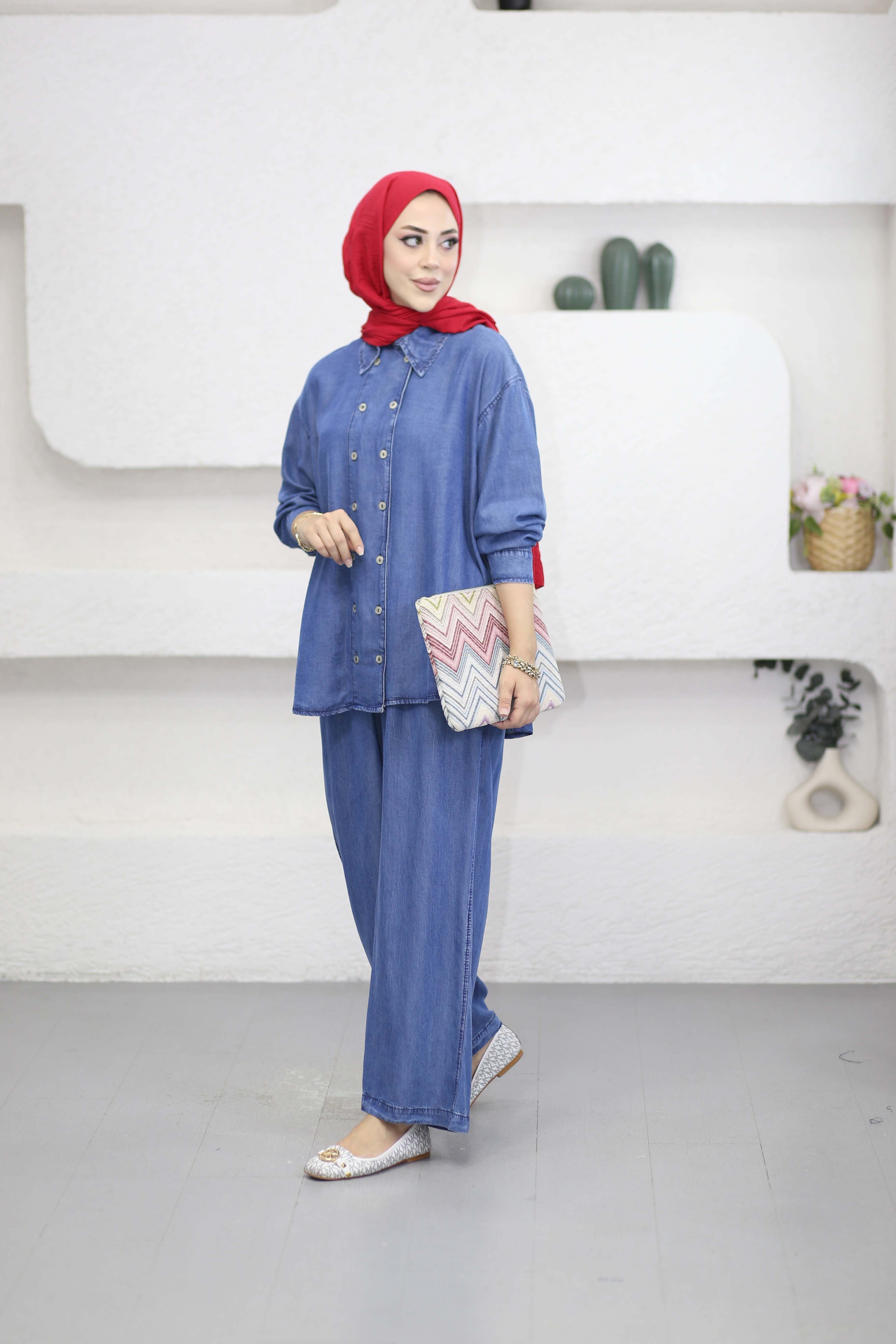 Çift Düğmeli Denim Takım Açık Mavi 6295