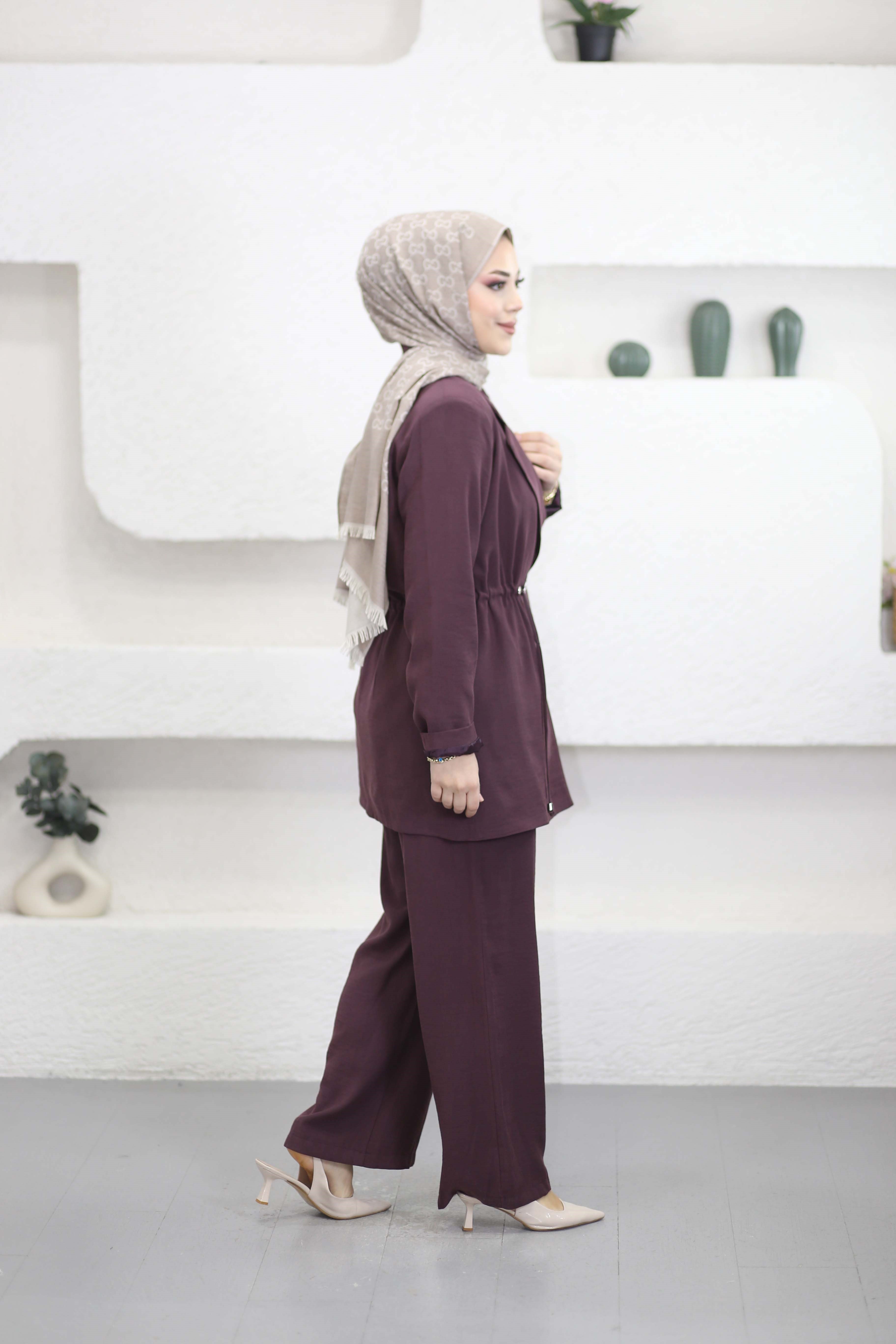 Beli Bağlamalı Ceket Takım Bordo 1474
