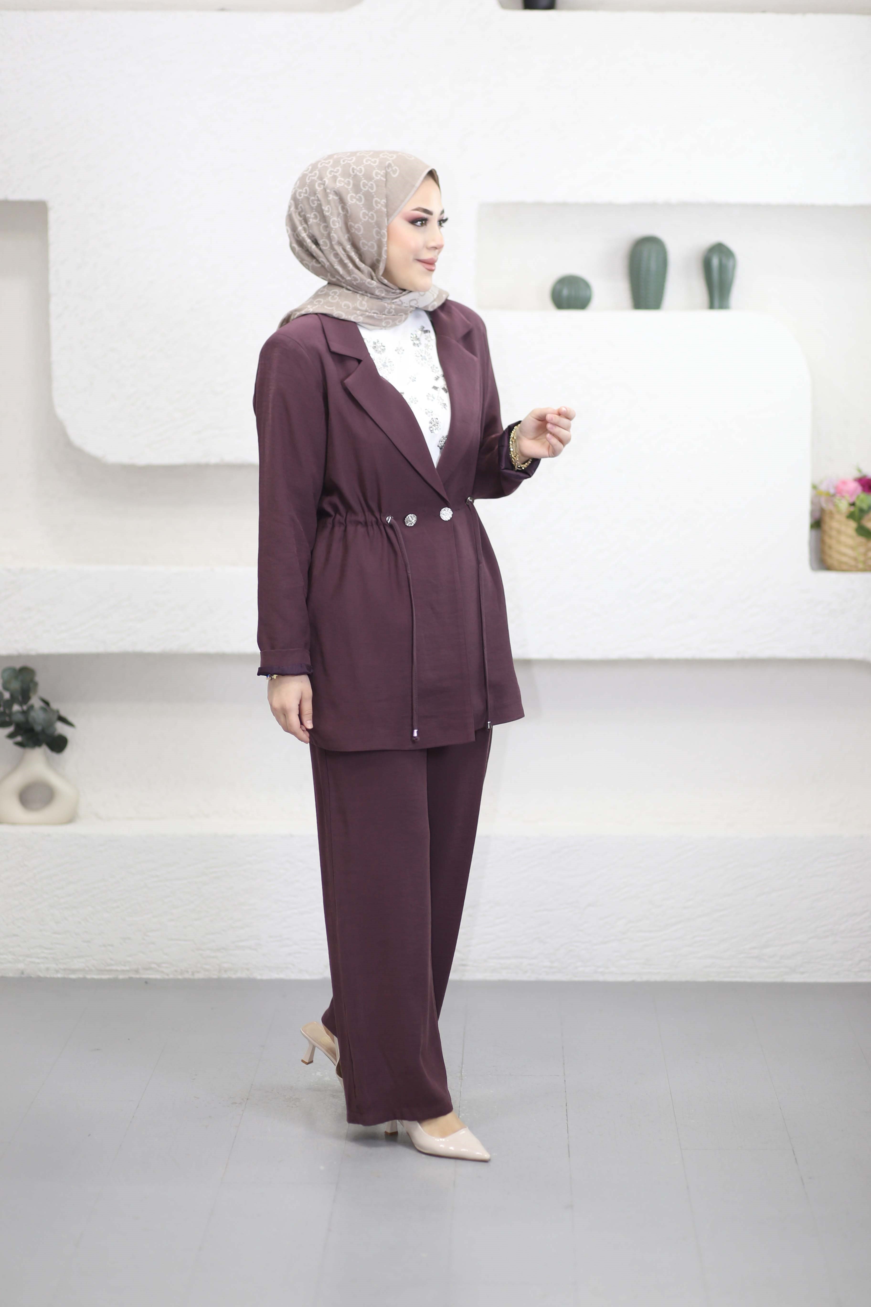 Beli Bağlamalı Ceket Takım Bordo 1474