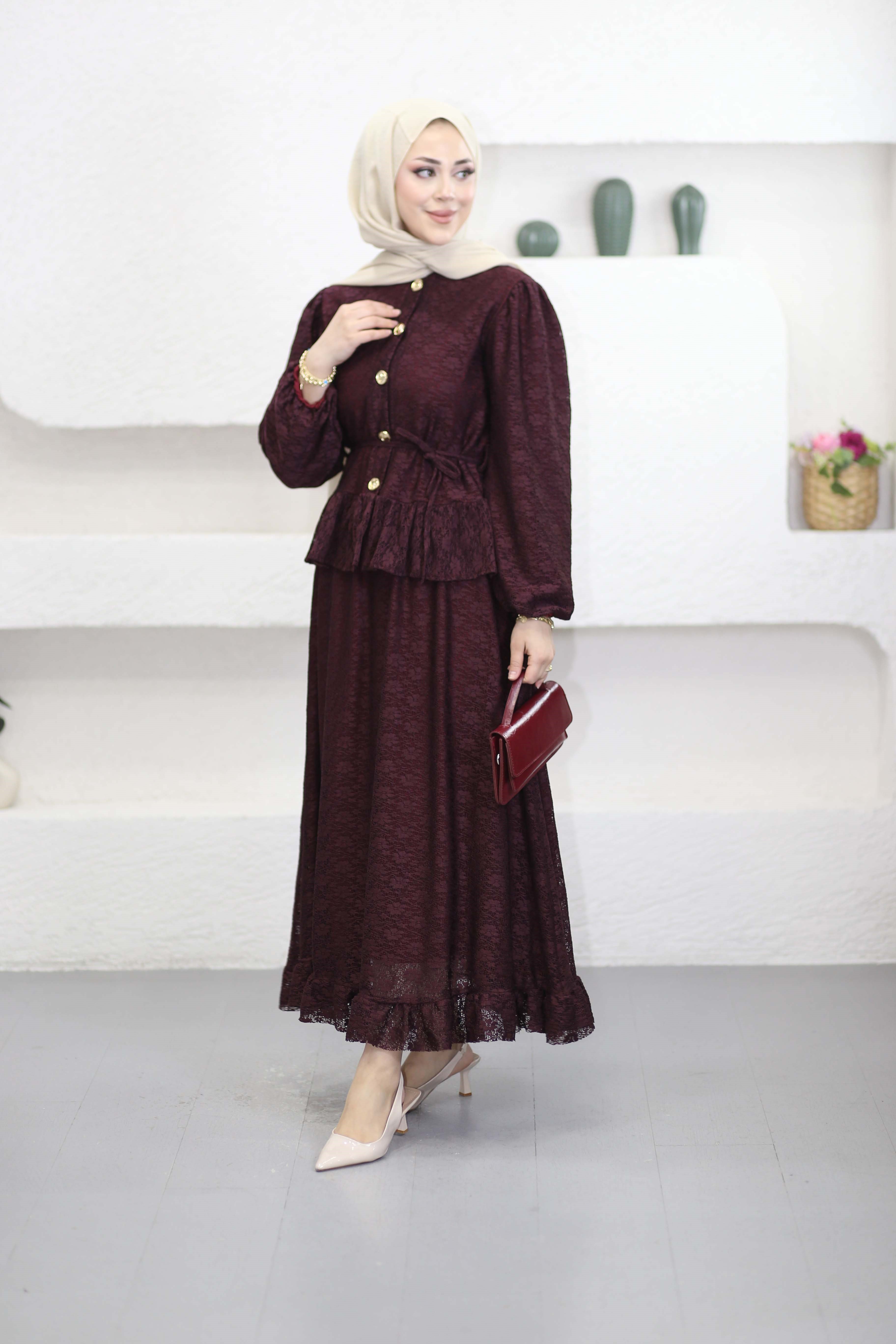 Dantel Etekli Takım Bordo 3141