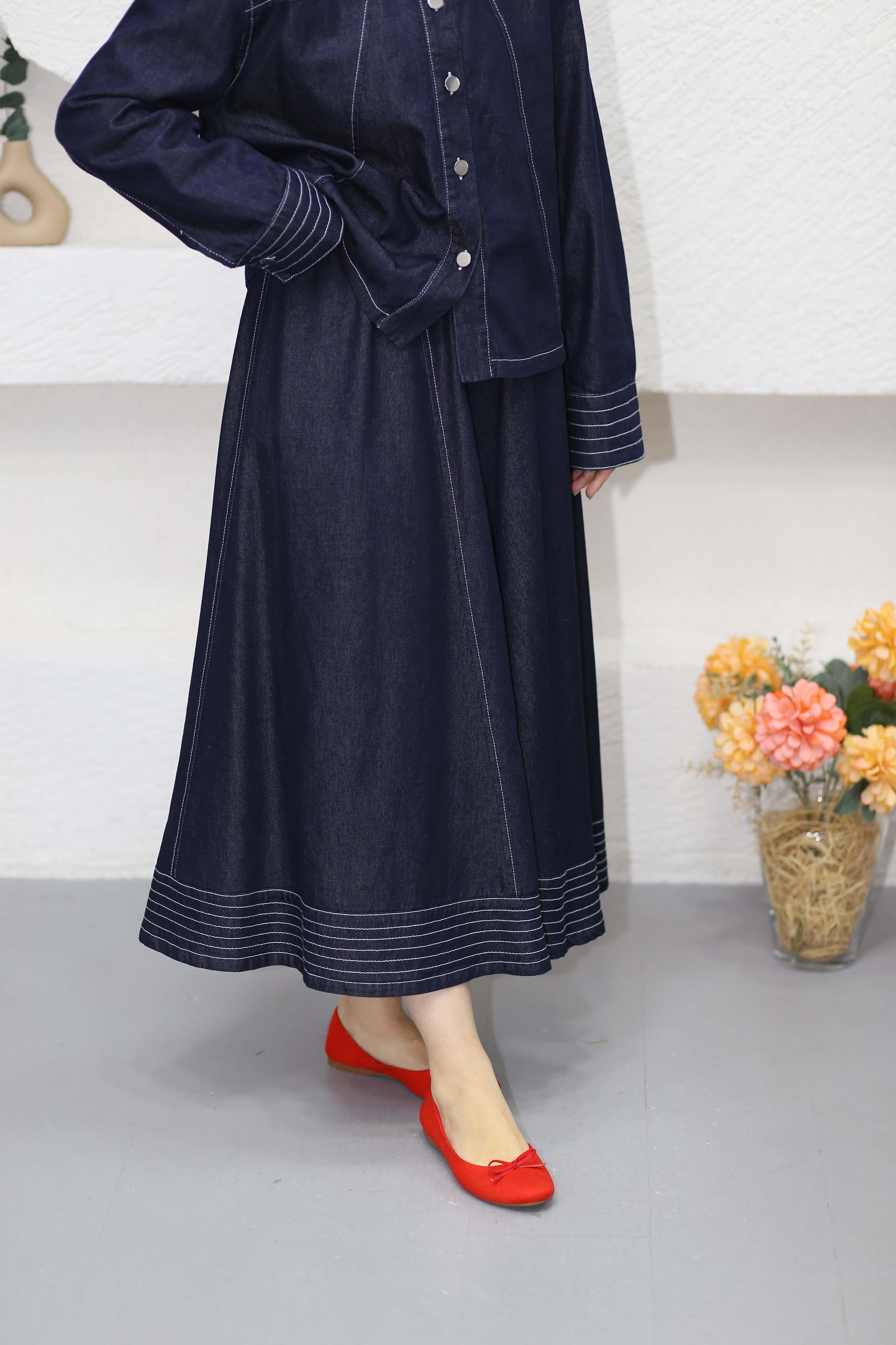 Dikiş Detaylı Denim Takım Koyu Mavi 7319